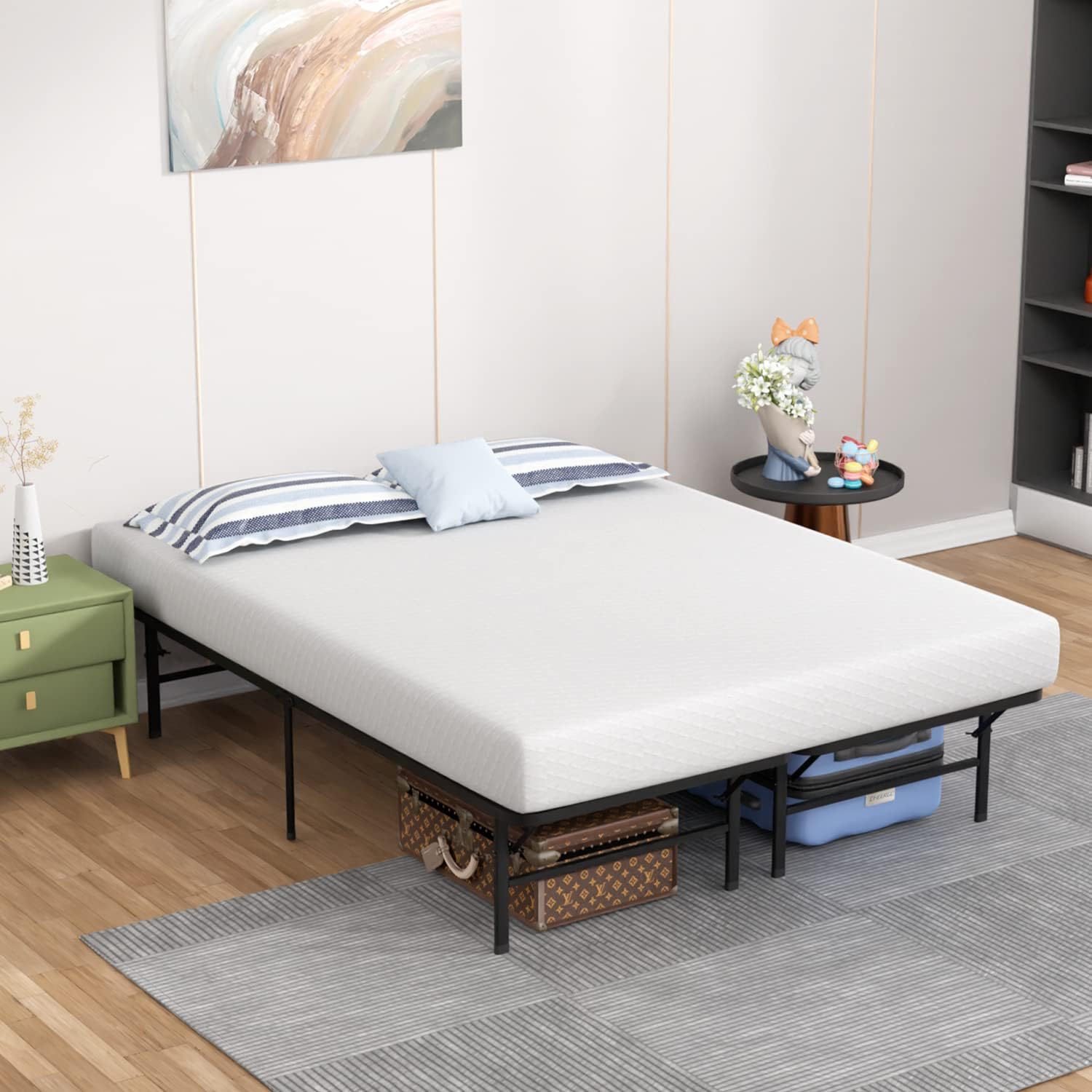 14 inch Metal Platform Bed Frame with Steel Slat Support, Mattress Foundation with 8-inch Memory Foam Mattress CertiPUR-US Certified, Queen