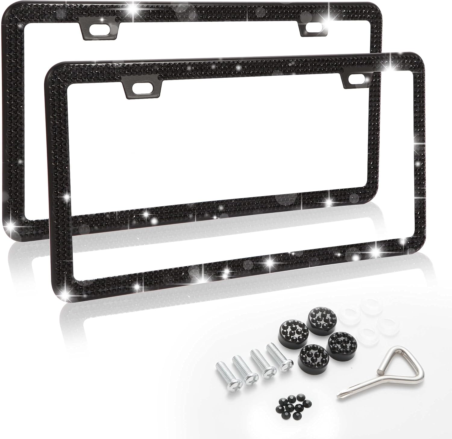 MENEONE 2 Pack Bling Rhinestone License Plate Frame Holder for Women Girl, Sparkly Luxury Handmade Crystal Diamond License Plate Covers Set with Thin Border, Black