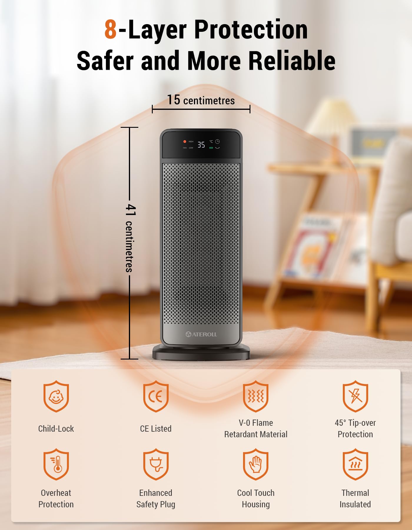 Ateroll Calefactor Bajo Consumo, 2000W PTC Ceramico radiador electrico, Temporizador 24H, 4 Modos, Protección Contra Sobrecalentamiento y Vuelco, Modo ECO, 70° Oscilación, para Interiores