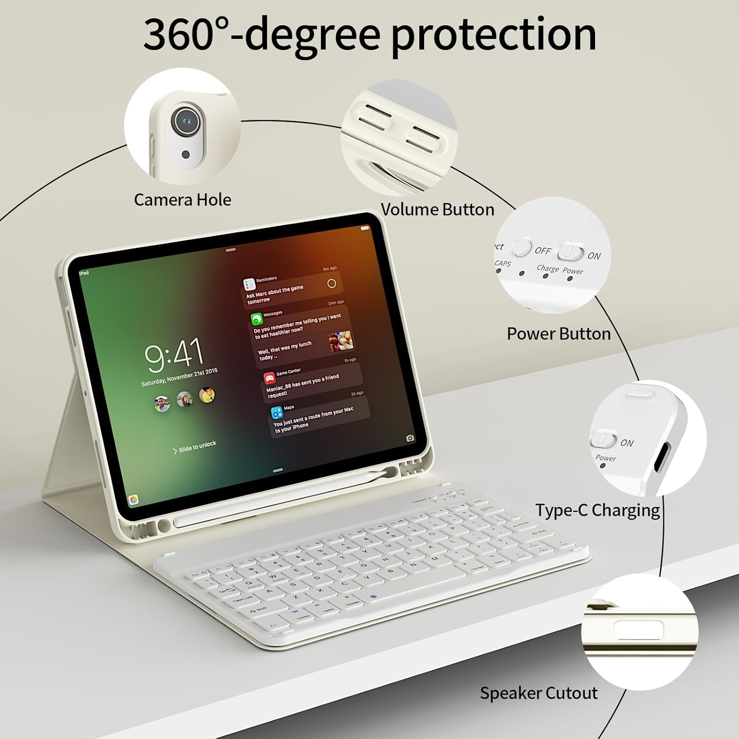 KenKe for iPad (A16) 11/10th Generation Case with Keyboard 11/10.9 inch 2025/2022, Thin & Light Detachable Wireless Keyboard, Stand Folio Keyboard Cover with Pencil Holder, Square Keycaps, White Cream