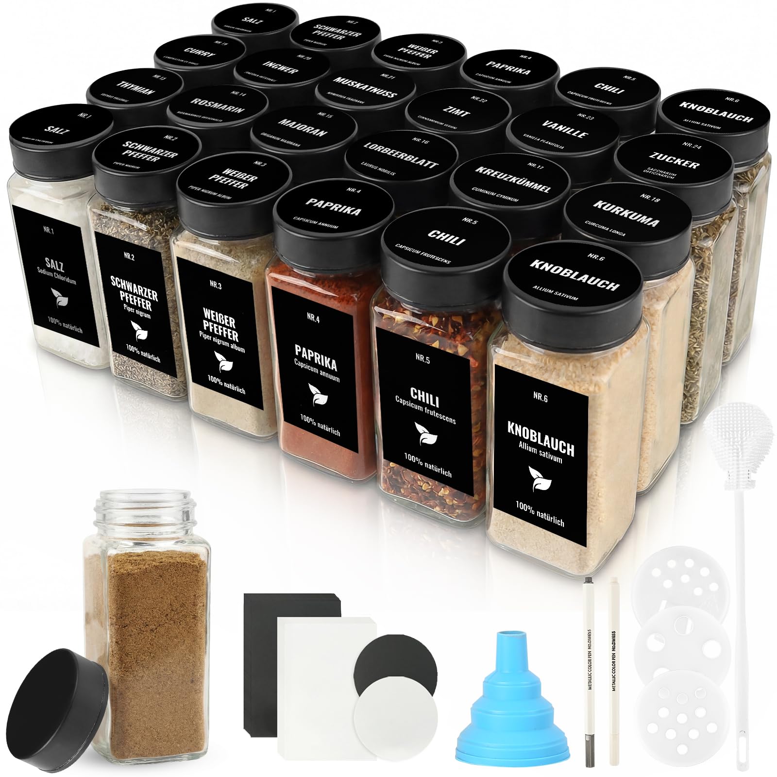 24pcs Barattoli Vetro per Spezie con Coperchio In Acciaio Inossidabile, 120ml Contenitori Spezie per Cucina, Kit per Condimenti con Etichette, Imbuto, Spazzola, Pennarello (Nero)