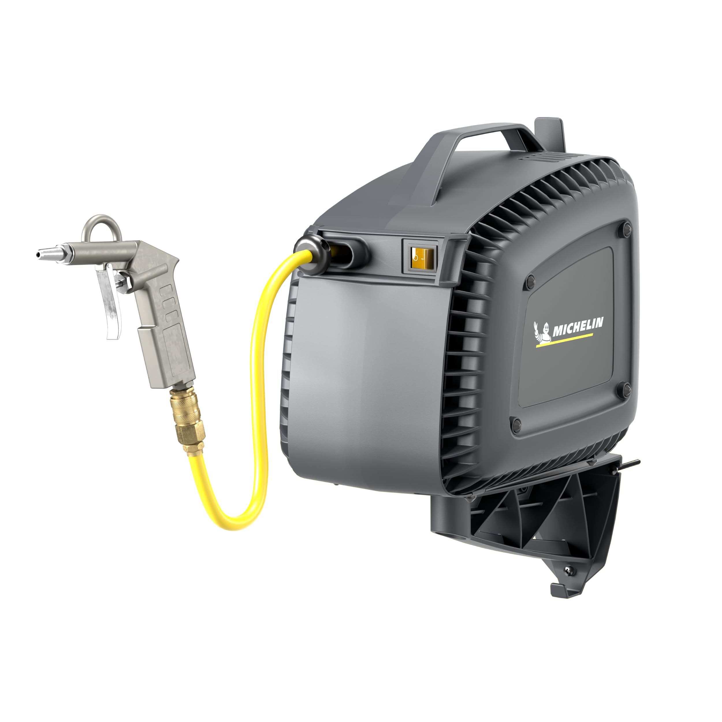 MICHELIN - CA-MBL-GO2 - Compresor Aire Monoblock 1.5HP - Con Enrollador Automático de Manguera 10m - Pistola Sopladora Incluida - 160 l/min 8 BAR - Sin Aceite - Soporte de Pared Plug & Play