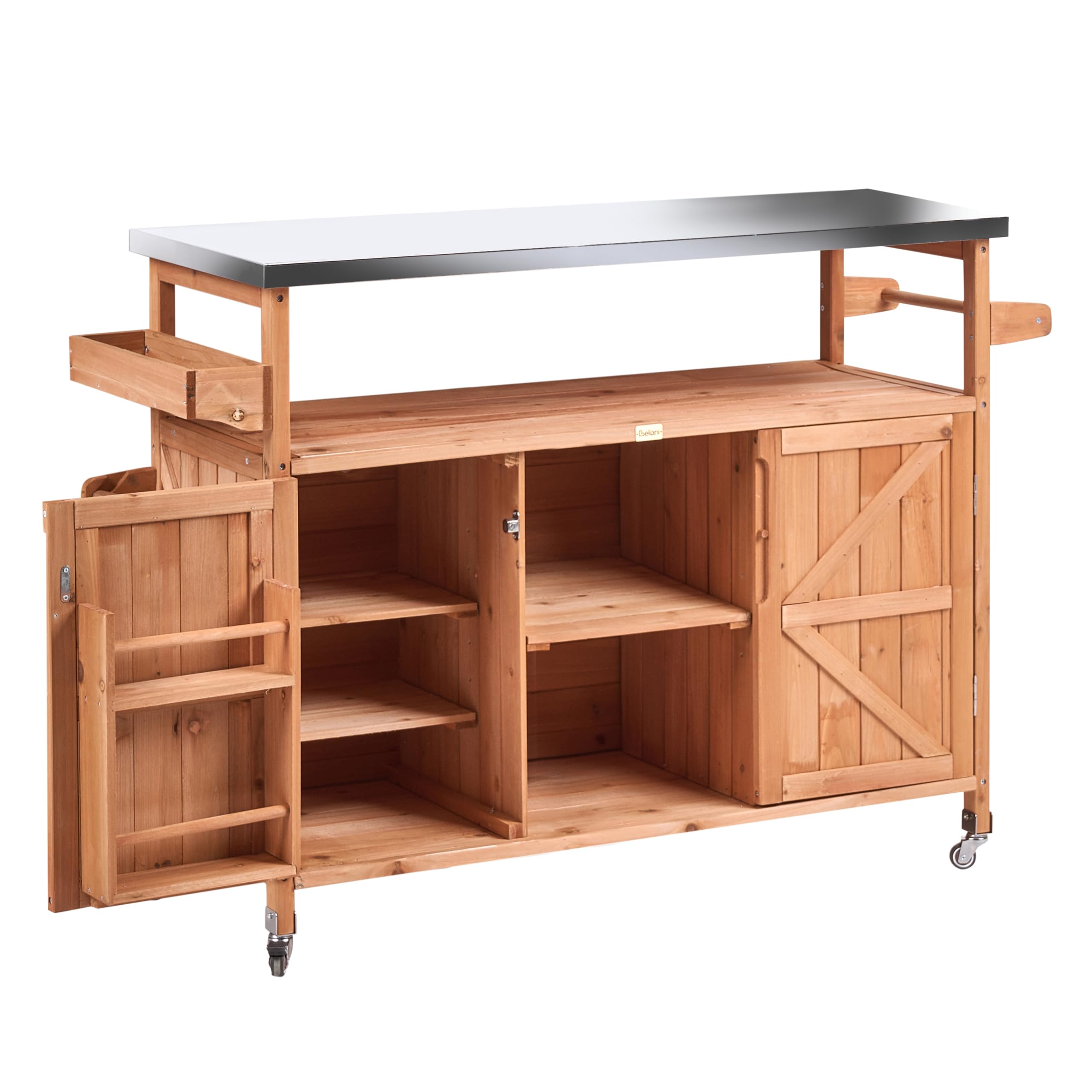 Beliani Outdoor Kücheninsel Tannenholz Edelstahl Hellbraun Rollen 128x47x85 cm Scanno