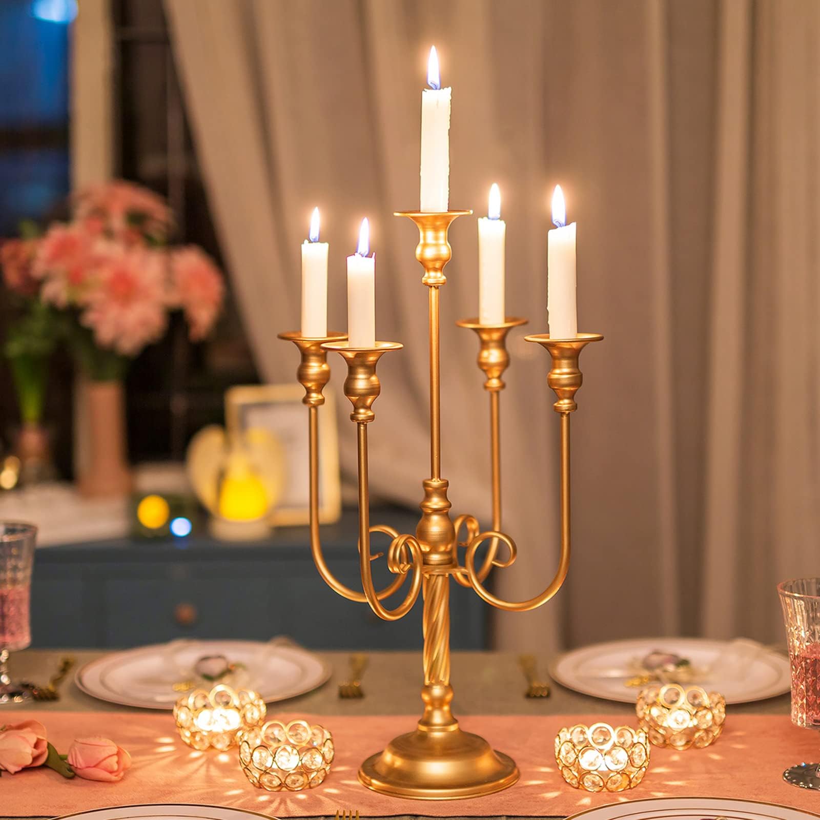 Candelabro de metal dorado para velas de 20 pulgadas de alto, 5 velas para velas cónicas, portavelas para centro de mesa de boda, Navidad, San Valentín, vacaciones, fiesta, evento, decoración de 2