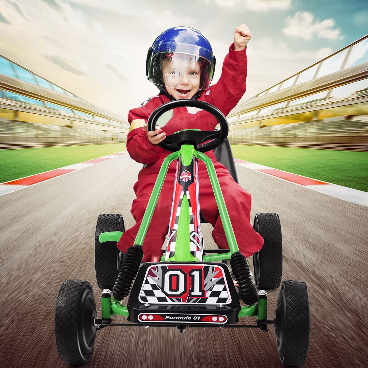 GYMAX Go-Kart a Pedali per Bambini con Sedile Regolabile con Freno e Frizione per Bambini 3-8 Anni, 98 x 59 x 61 cm (Verde)