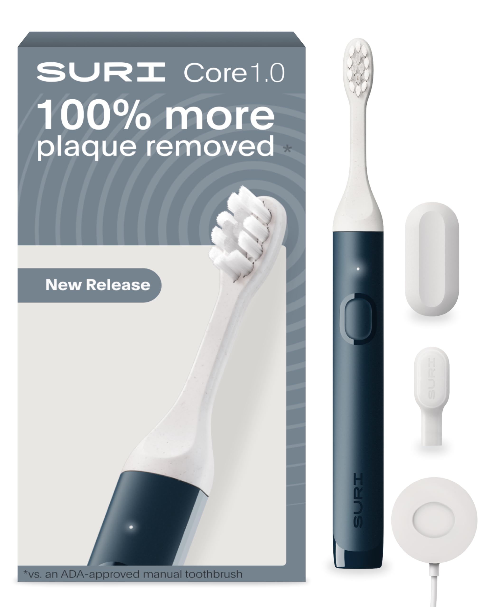 SURI Brosse à dents électrique Core Sonic | Jusqu'à 4 semaines de batterie | Couvercle de tête de voyage | Capteur de pression | Corps bio-basé* | Minuterie de 2 minutes | Tête à base de plantes