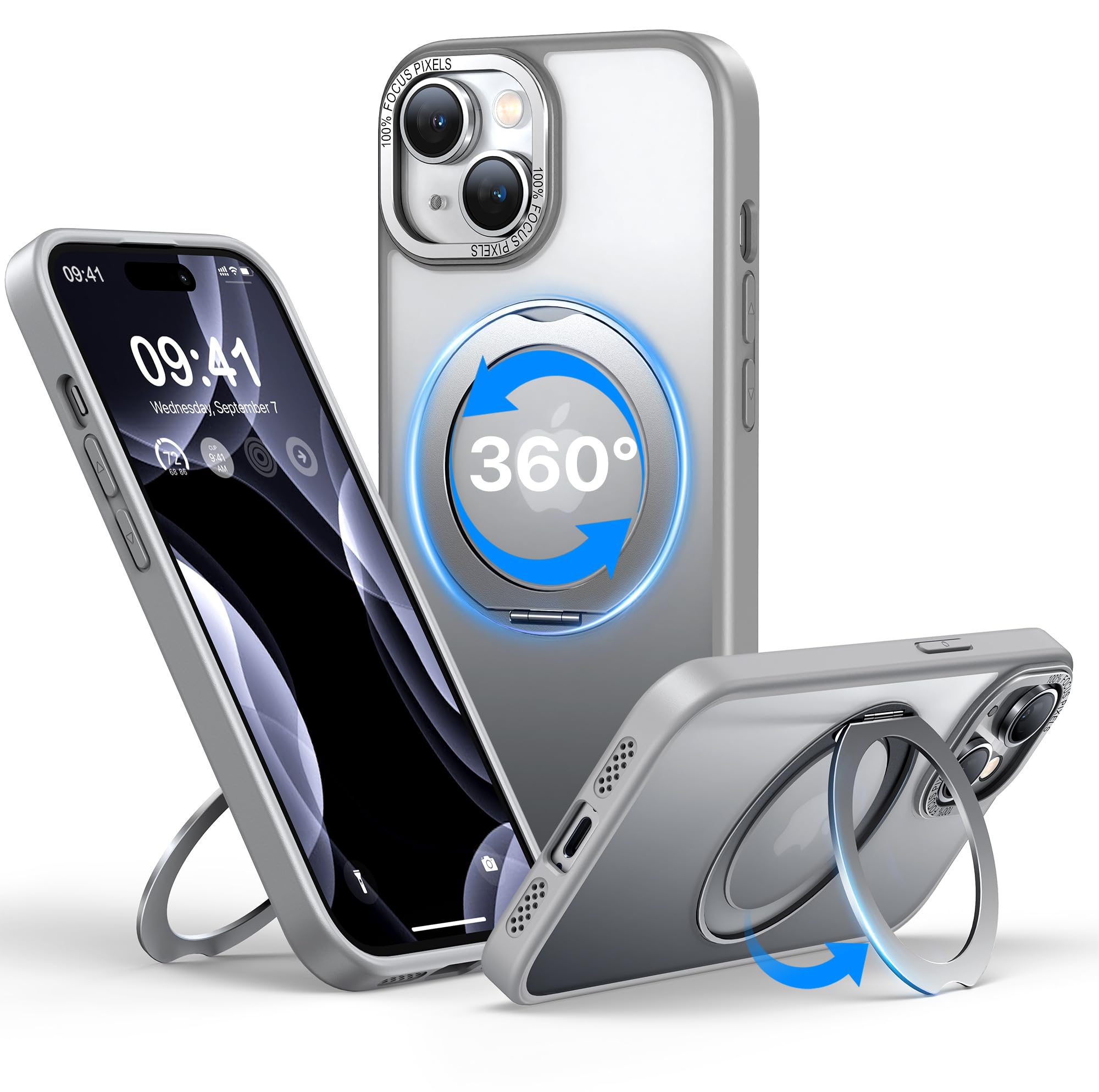 QTlier for iPhone 14 Case, 360° Rotatable Ring Stand Case Compatible with MagSafe, [Military-Grade Protection] [Raised Camera Frame] Kickstand Case