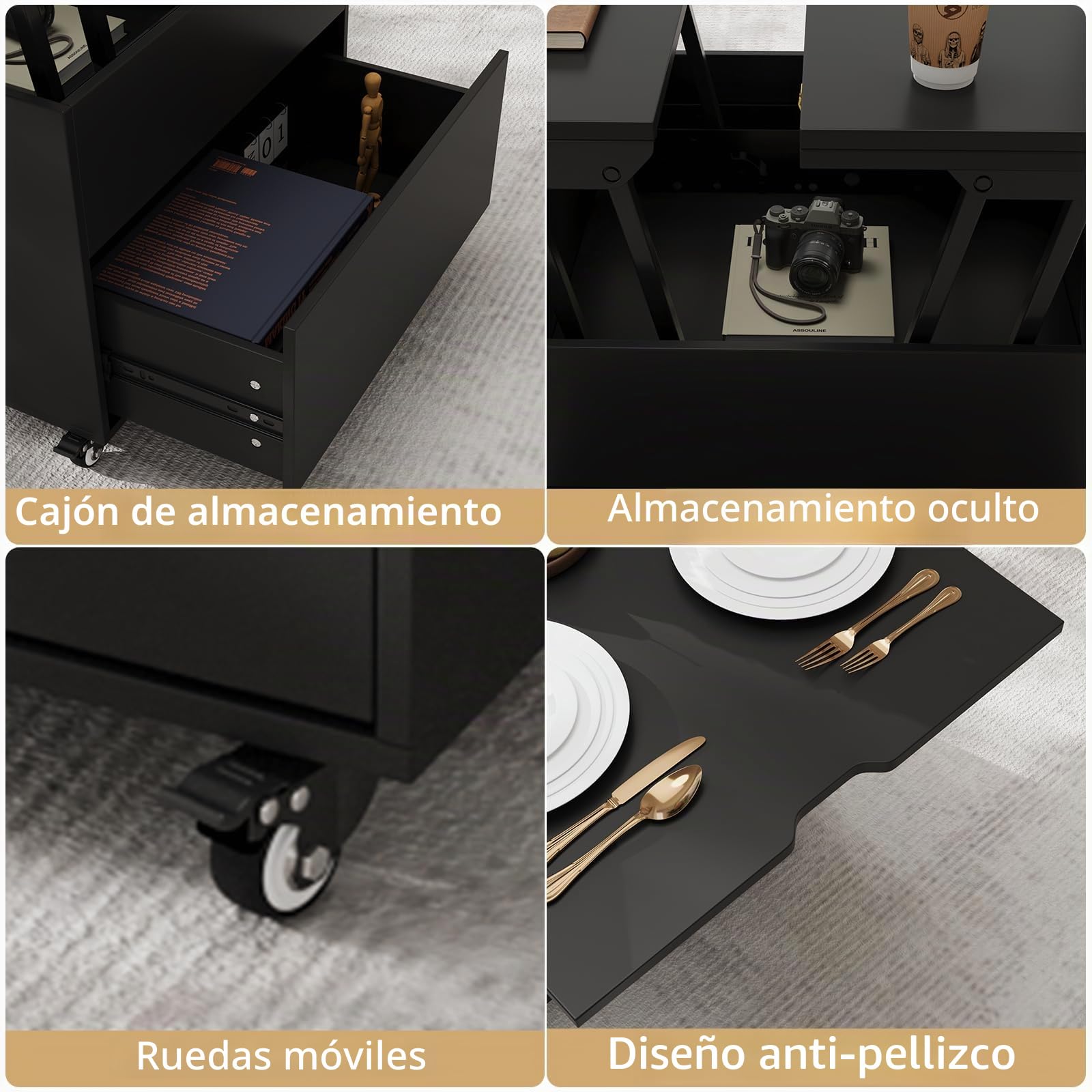 VOWNER Mesa de Centro Elevable Extensible (Negro) | Multifuncional 3 en 1, Convertible en Mesa de Comedor de Salón