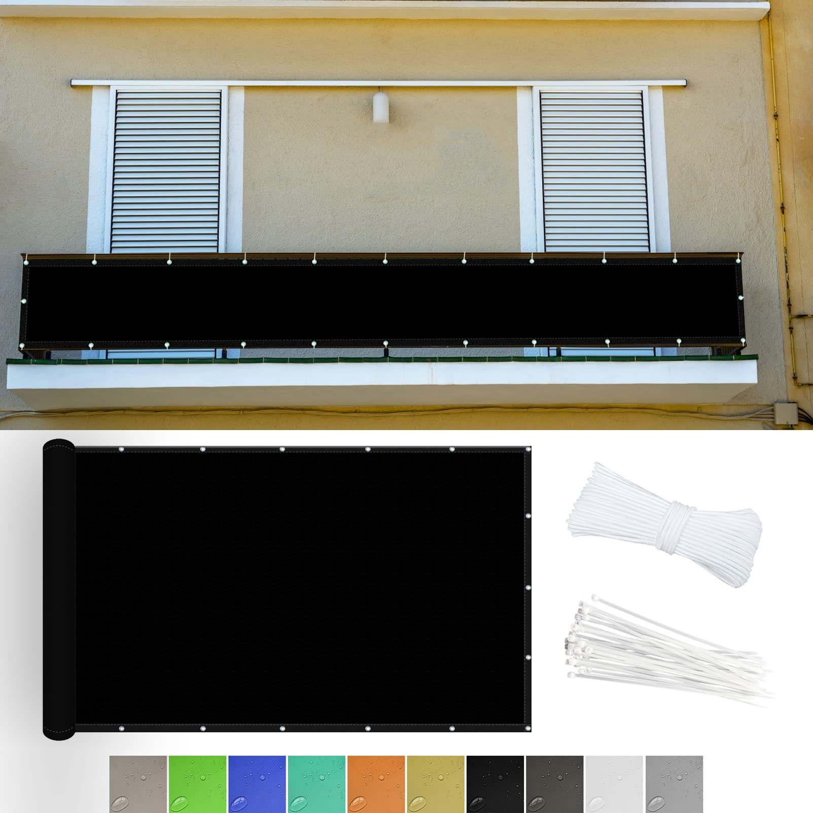 Balcony Privacy Screen 100 x 300 cm Sun Wind Protection 100% Polyester Weatherproof Outdoor Fence Covering with Holes and Cable Ties, Black