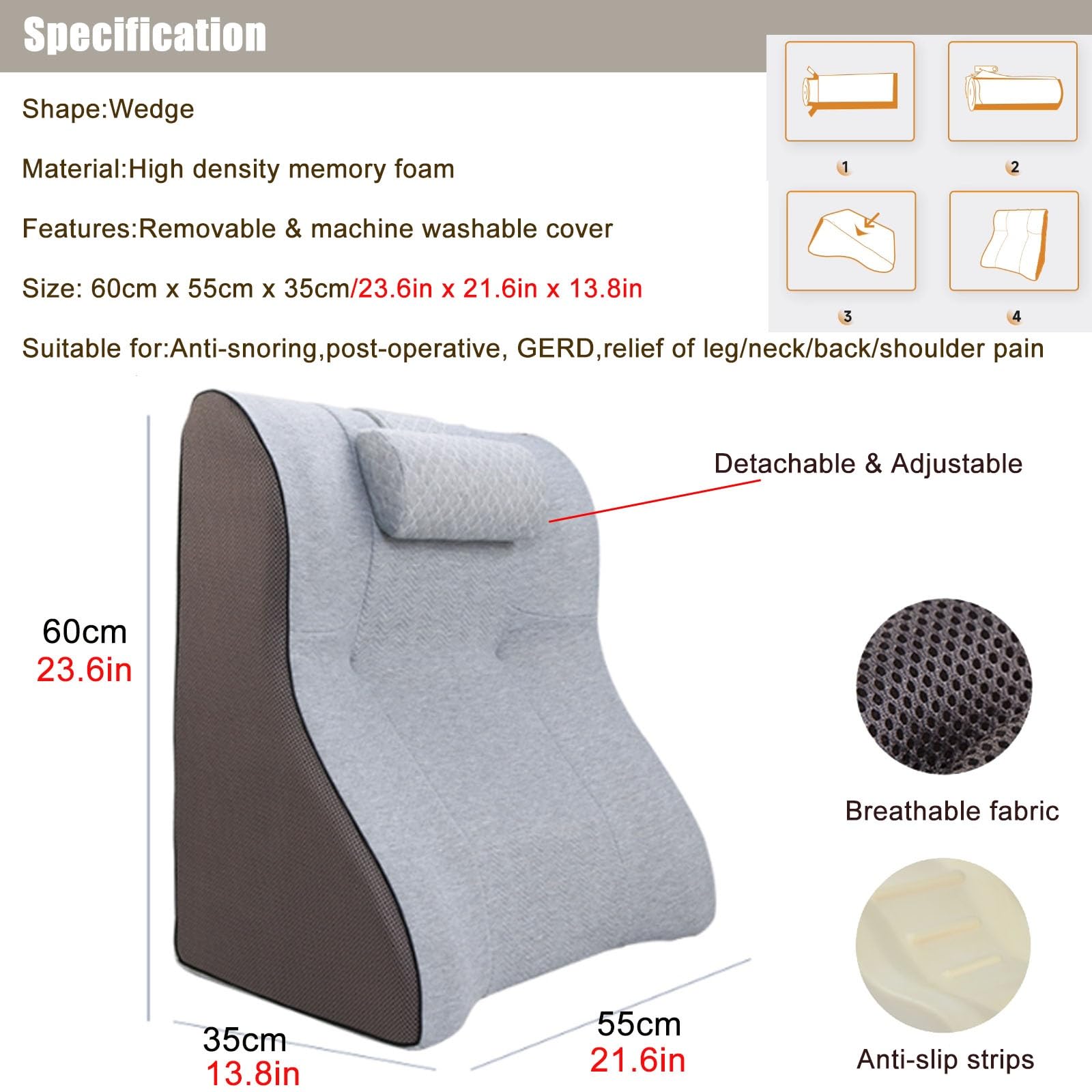 Oreiller De Coin Orthopédique - Pour Reflux, Mal De Dos, Ronflement - Soutien Lombaire Et Cervical - Housse Lavable - 55x40x25 Cm