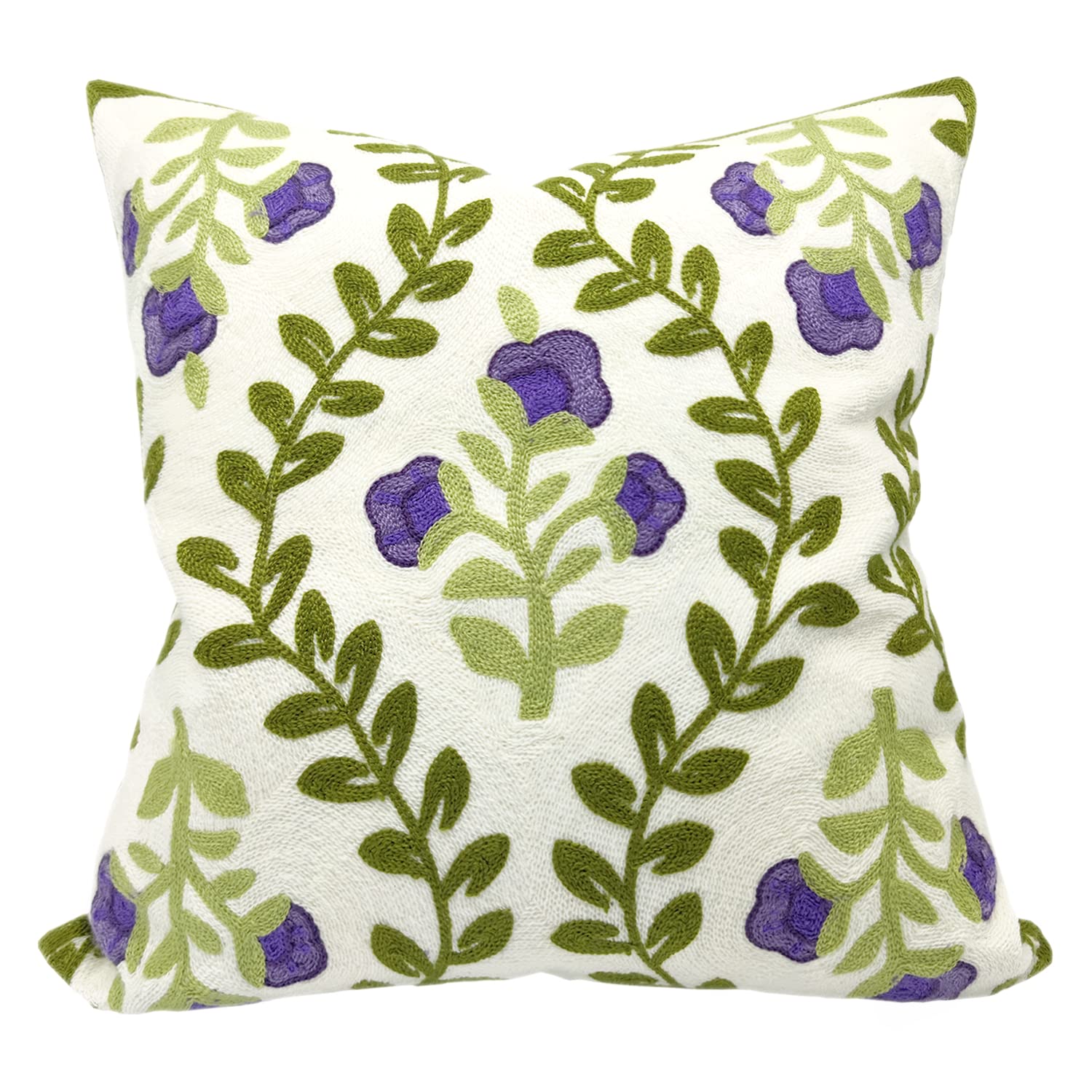 Alysheer Floral Embroidered Spring Decorative Throw Pillow Cover 18"x 18", Farmhouse Cottage Purple Flowers Green Leaves Knit Pattern Cotton Canvas