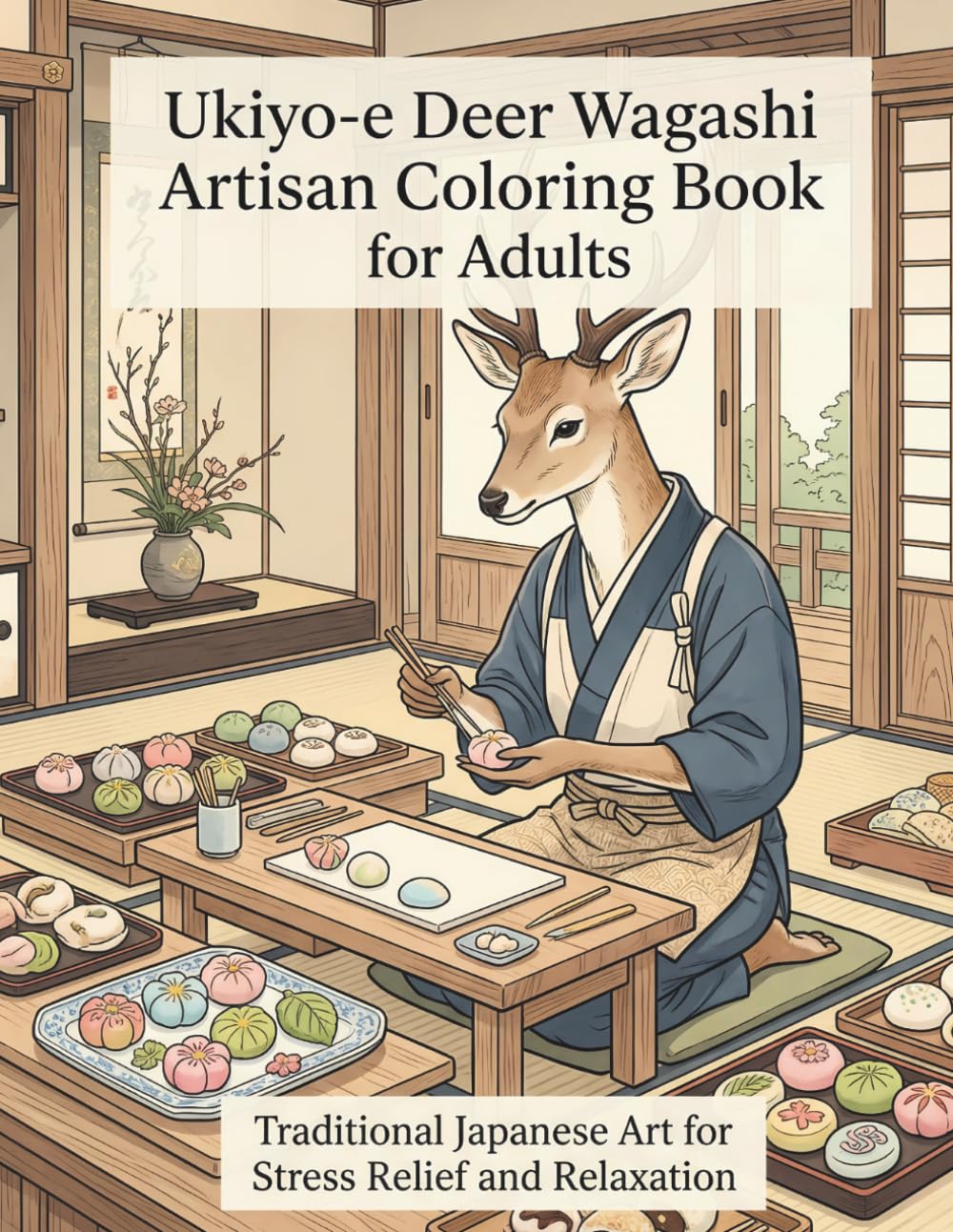 Ukiyo-e Deer Wagashi Artisan Coloring Book for Adults: Traditional Japanese Art for Stress Relief and Relaxation