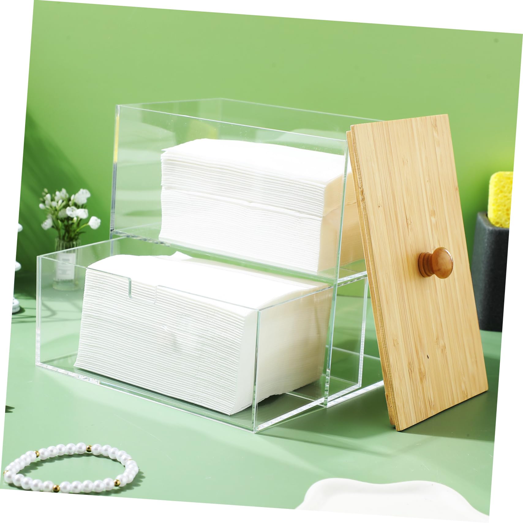 Aufbewahrungsbox mit Doppelter Aufteilung 175x115x165mm für Waschmittelkapseln aus Acryl mit Bambusdeckel 1 Schublade und Deckel Platzsparend für Waschküche