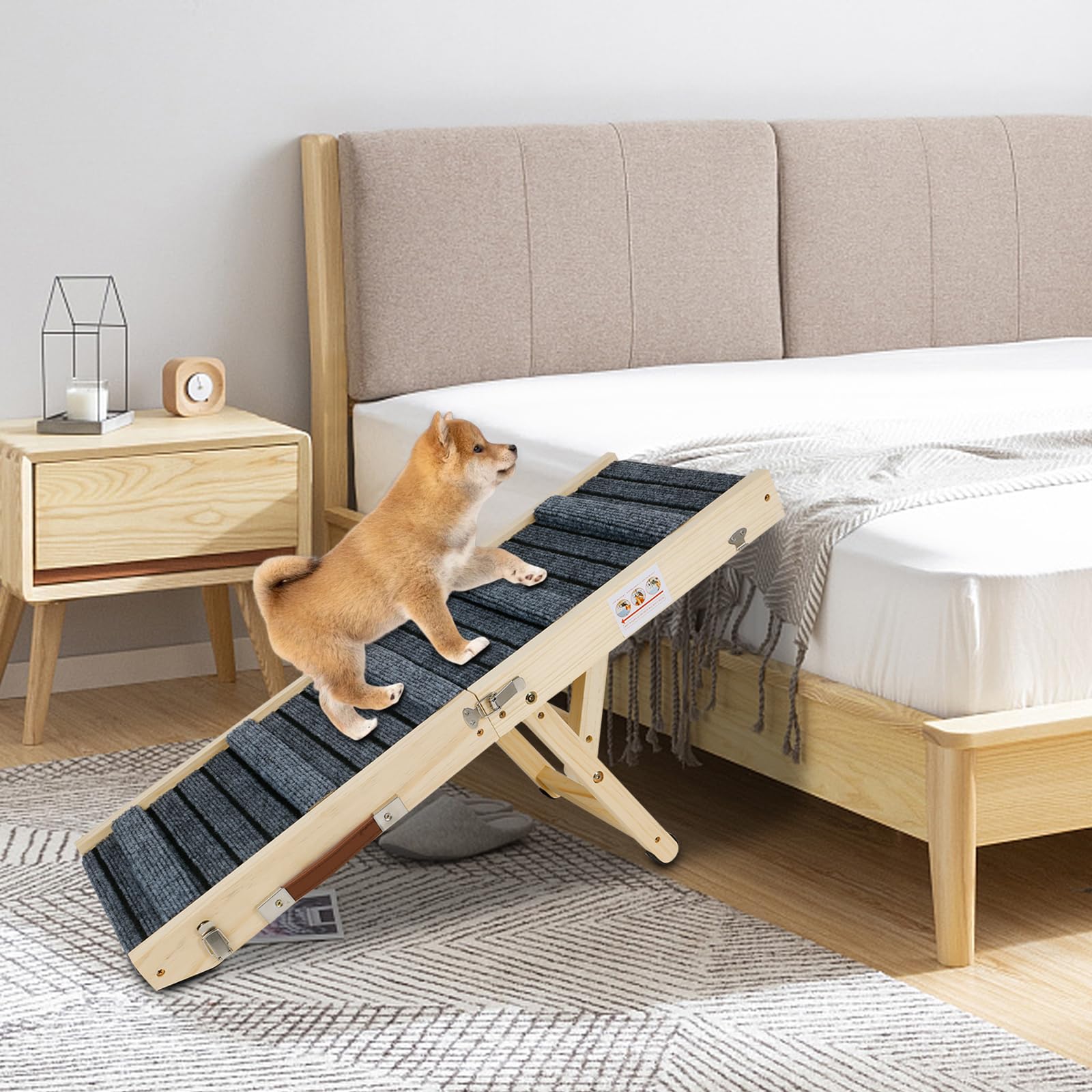 Rampa para perros, escalera de madera para perros pequeños y ancianos, ajustable 20-45 cm, con alfombrilla tritt antideslizante, rampa para mascotas, plegable, portátil, para cama o sofá/coche