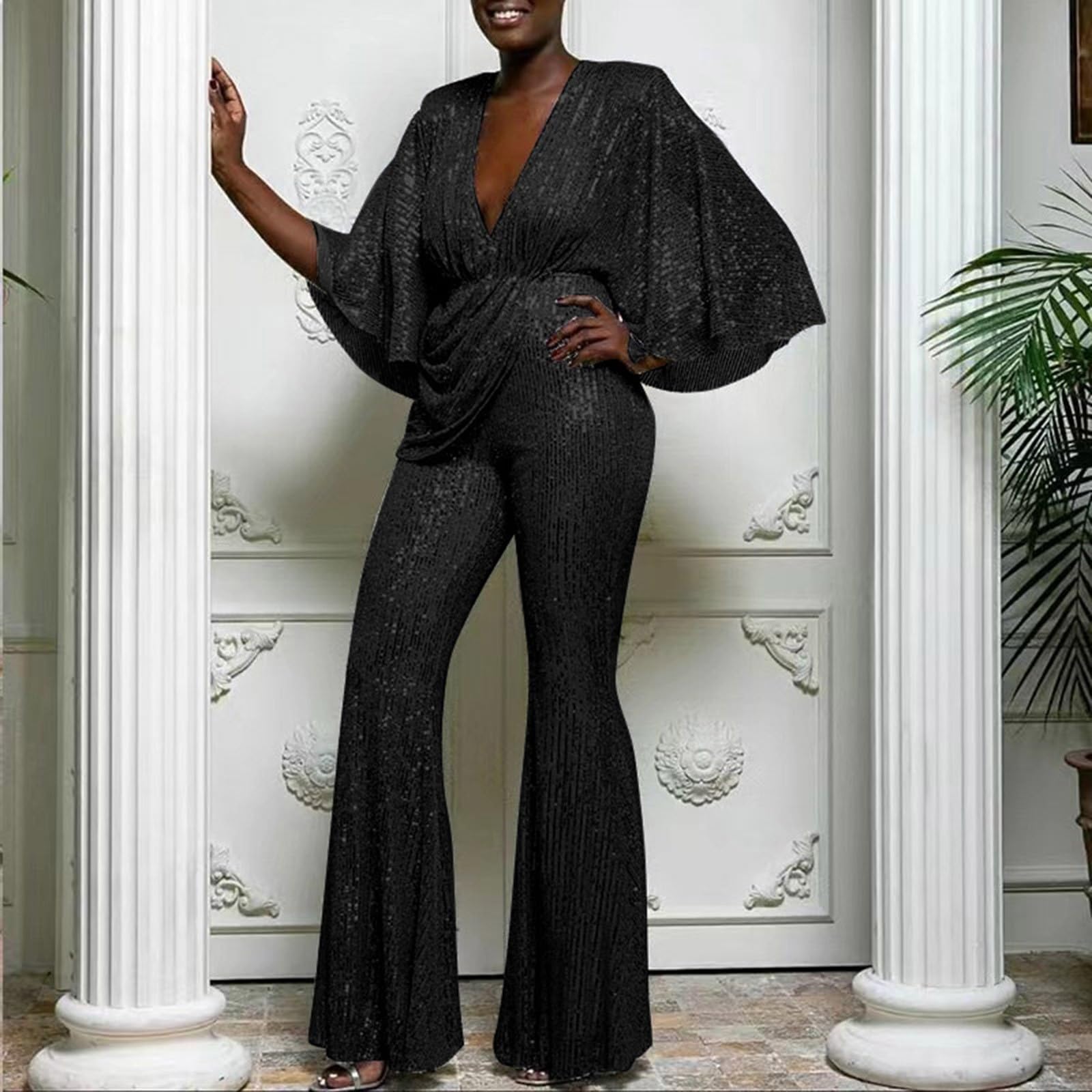 Jumpsuit Damen Elegant, Ganzkörperanzug Damen Eng Pailletten Hosenanzug | Größen Business Overall V-Ausschnitt Glitzer Playsuit Langarm Streetwear Vintage Glitzer-Hosenanzug