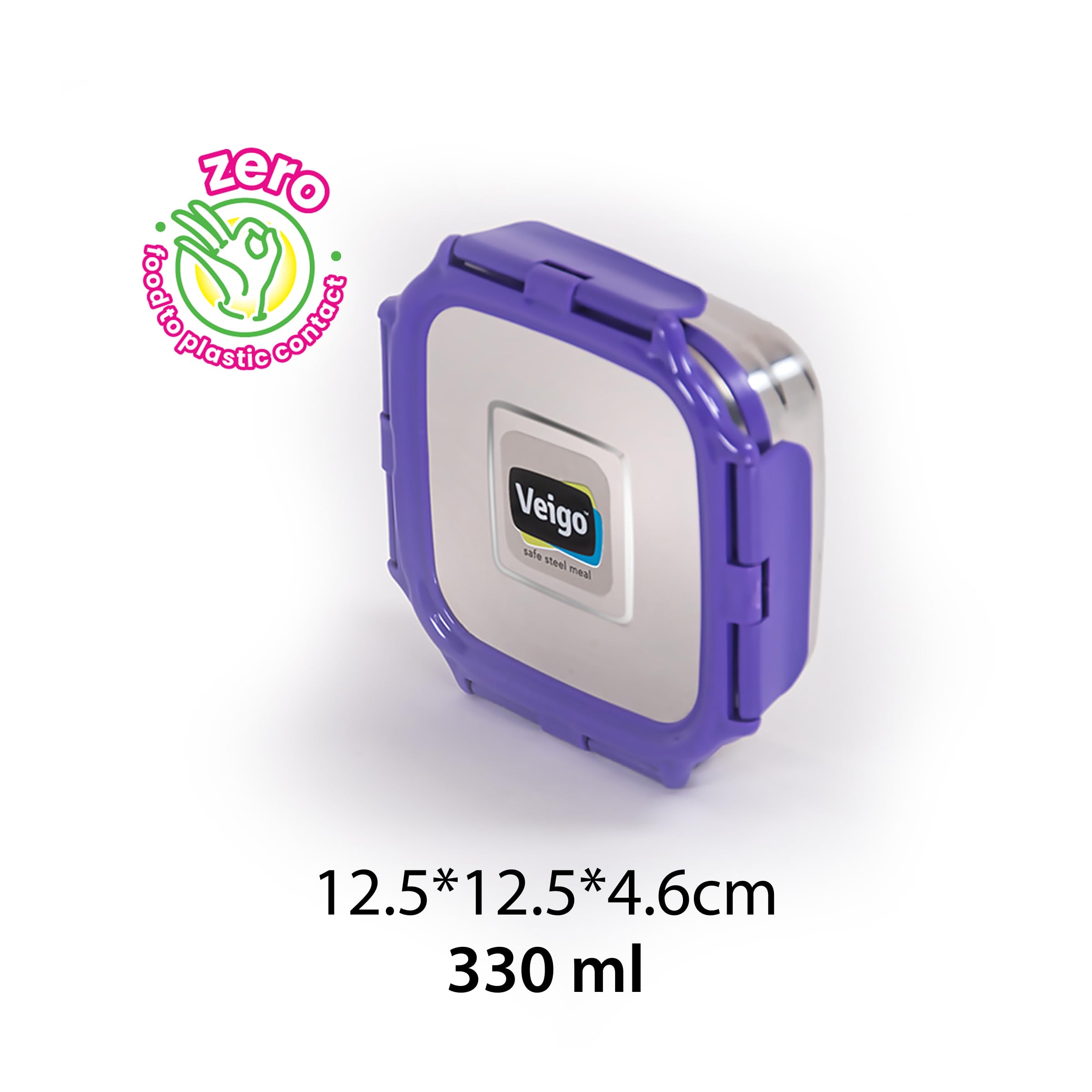 Veigo Original Stainless Steel Snack Box 300 ml, Airtight Leakproof Kids Snacks Box for School & Office, Freezer Dishwasher Safe, Silicone Ring Polymer Frame, Safe Lid Lock, Compact Lunch Box - Purple 1