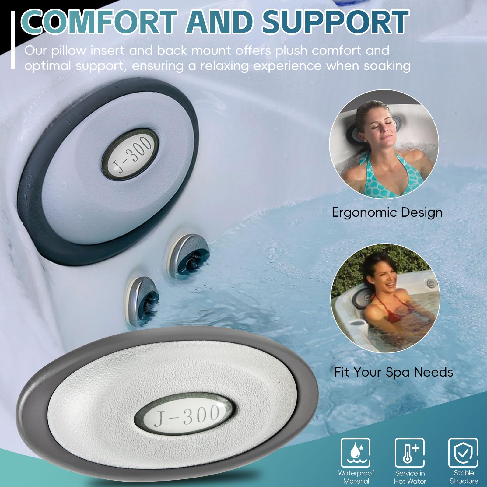 Confezione da 4 cuscini ovali e supporto posteriore per vasca idromassaggio Jacuzzi serie J-300 e spa, 2455-263 cuscini di ricambio per poggiatesta vasca idromassaggio 2455-263, supporto migliorato