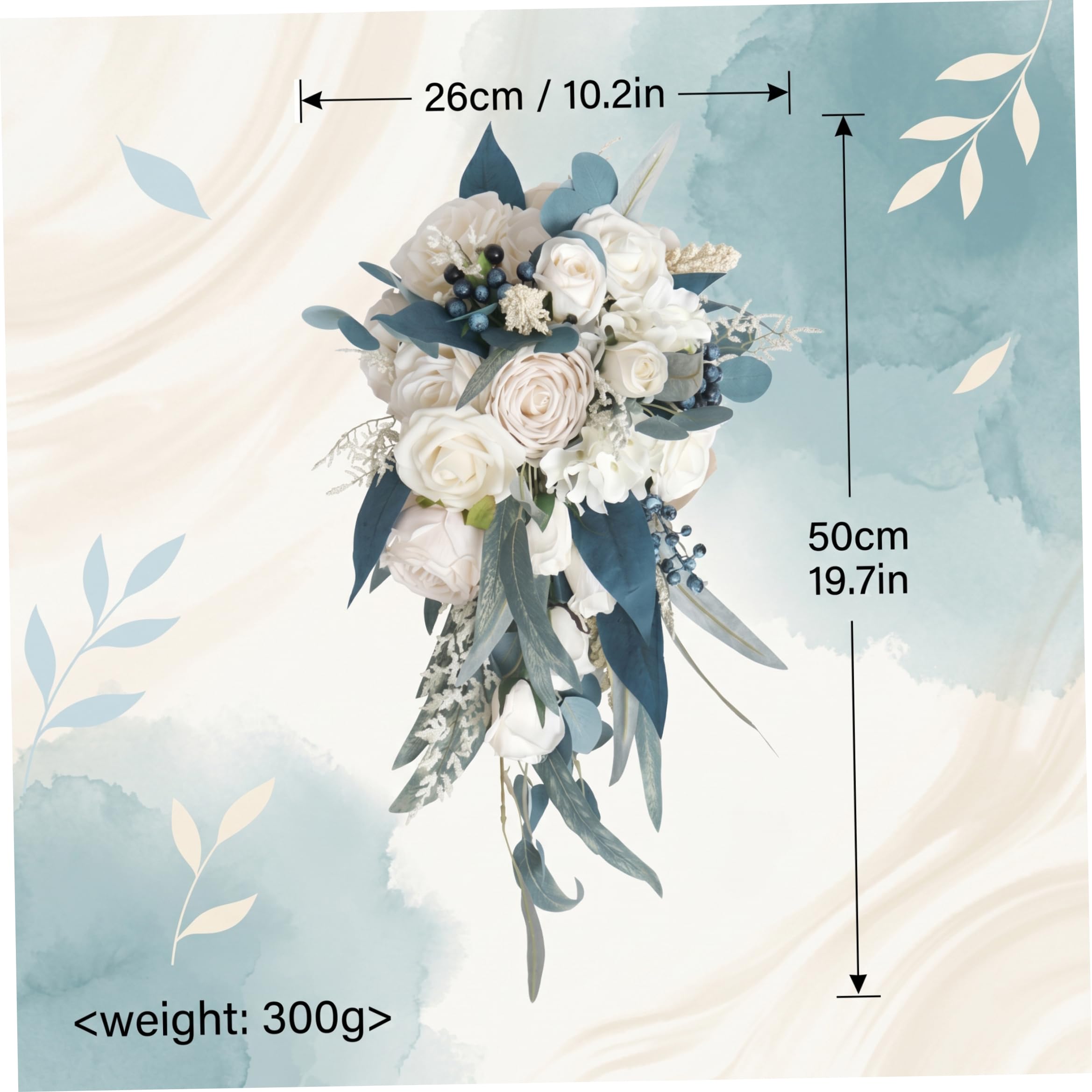 Fiori artificiali, bouquet da sposa per la sposa, bouquet da asimmetrico a cascata con gocce di rosa bianca, bacche e foglie per accessori fotografici e feste di sarchiatura, 10 x 20 pollici