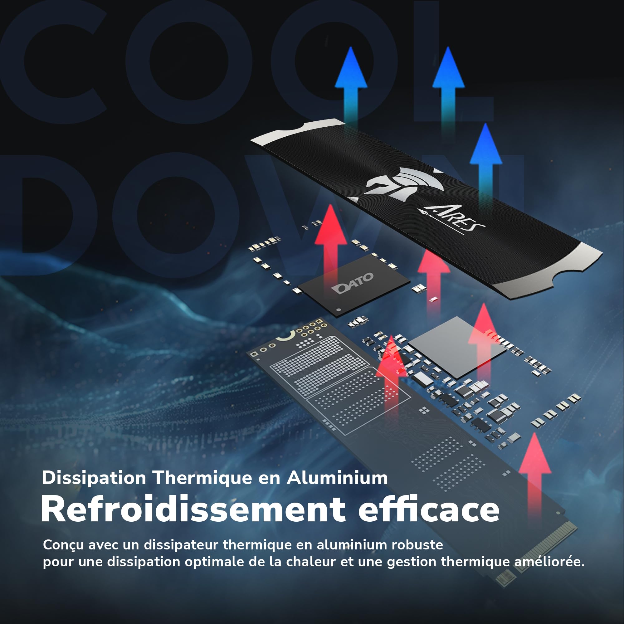DATO SSD Gen4 avec dissipateur Thermique 2 to NVMe PCIe 4.0 M.2 2280, Jusqu’à 7200/6850 Mo/s, SSD Haute Performance pour Le Gaming et la création – Ares Dark Sword Lite Série