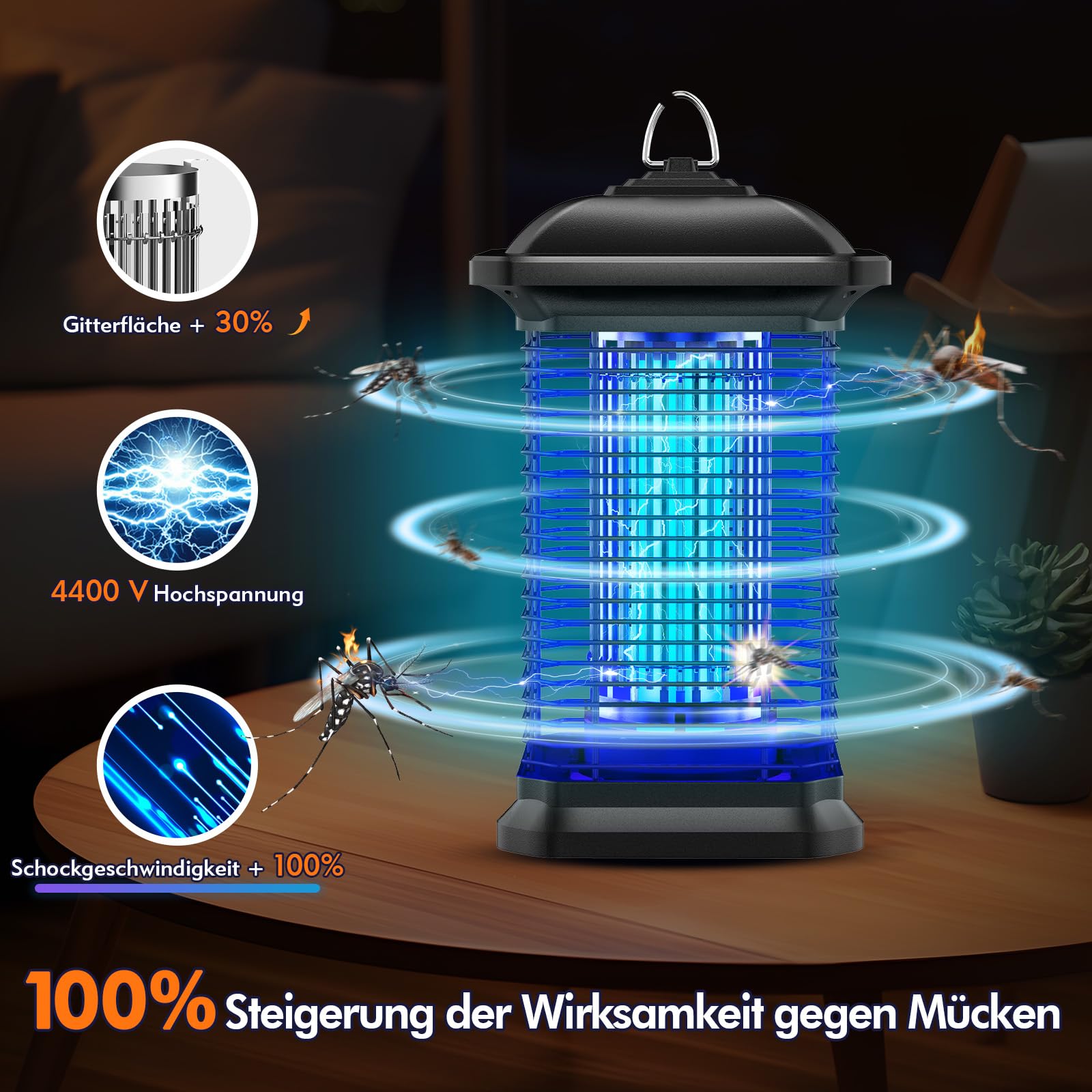 AMUFER Insektenvernichter elektrisch, Mückenfalle mit 18 W Leistung & 4400 V Voltstärke, 100% höhere Effizienz der Mückenbekämpfung, Mückenlampe Fliegenfalle für Garten, Schlafzimmer, Gastronomie