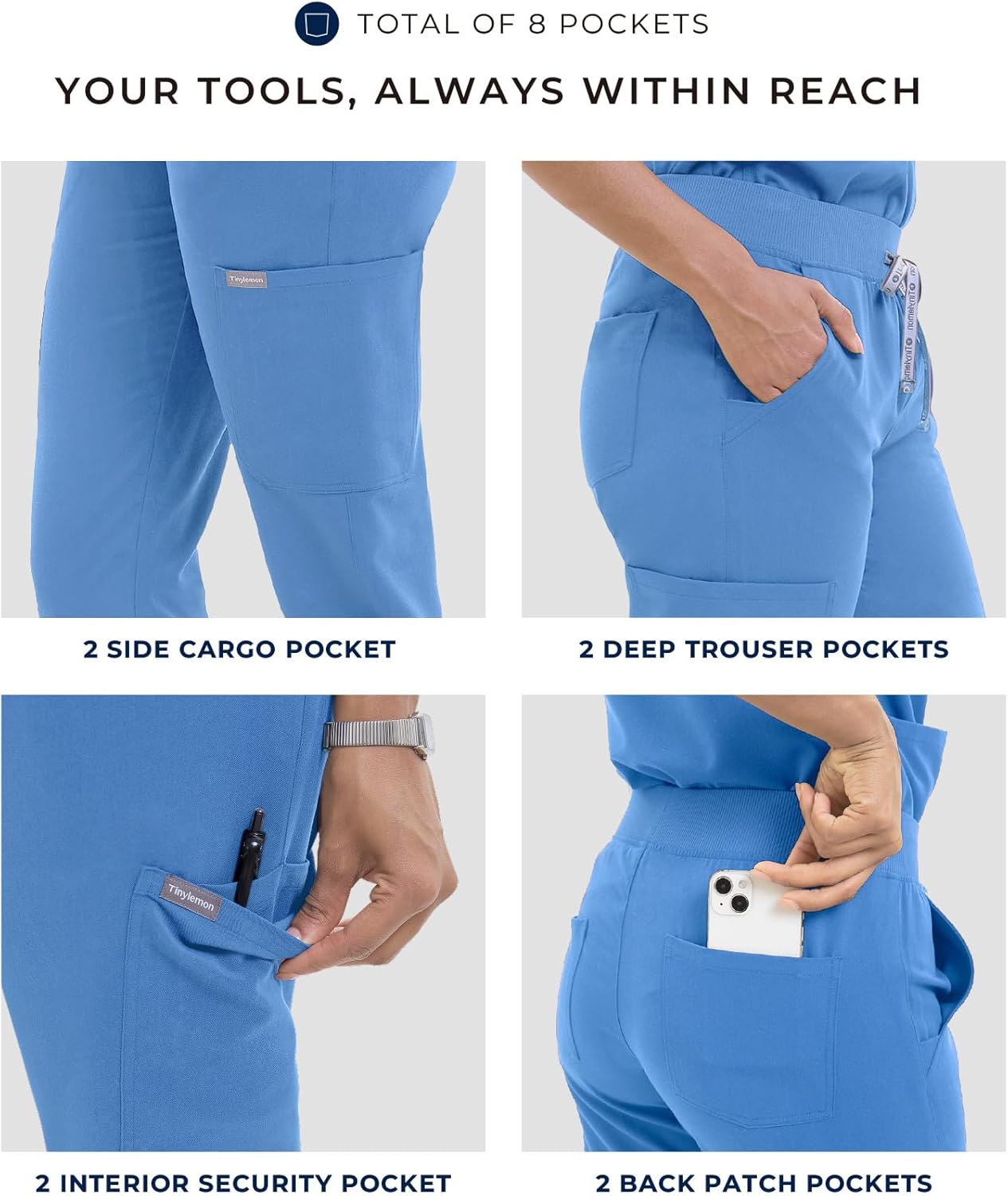 TINYLEMON Scrub Pants for Women - Slim Fit Soft Four Way Stretch Anti-Wrinkle Yoga Waistband Women Joggers 8 Pockets - Image 4