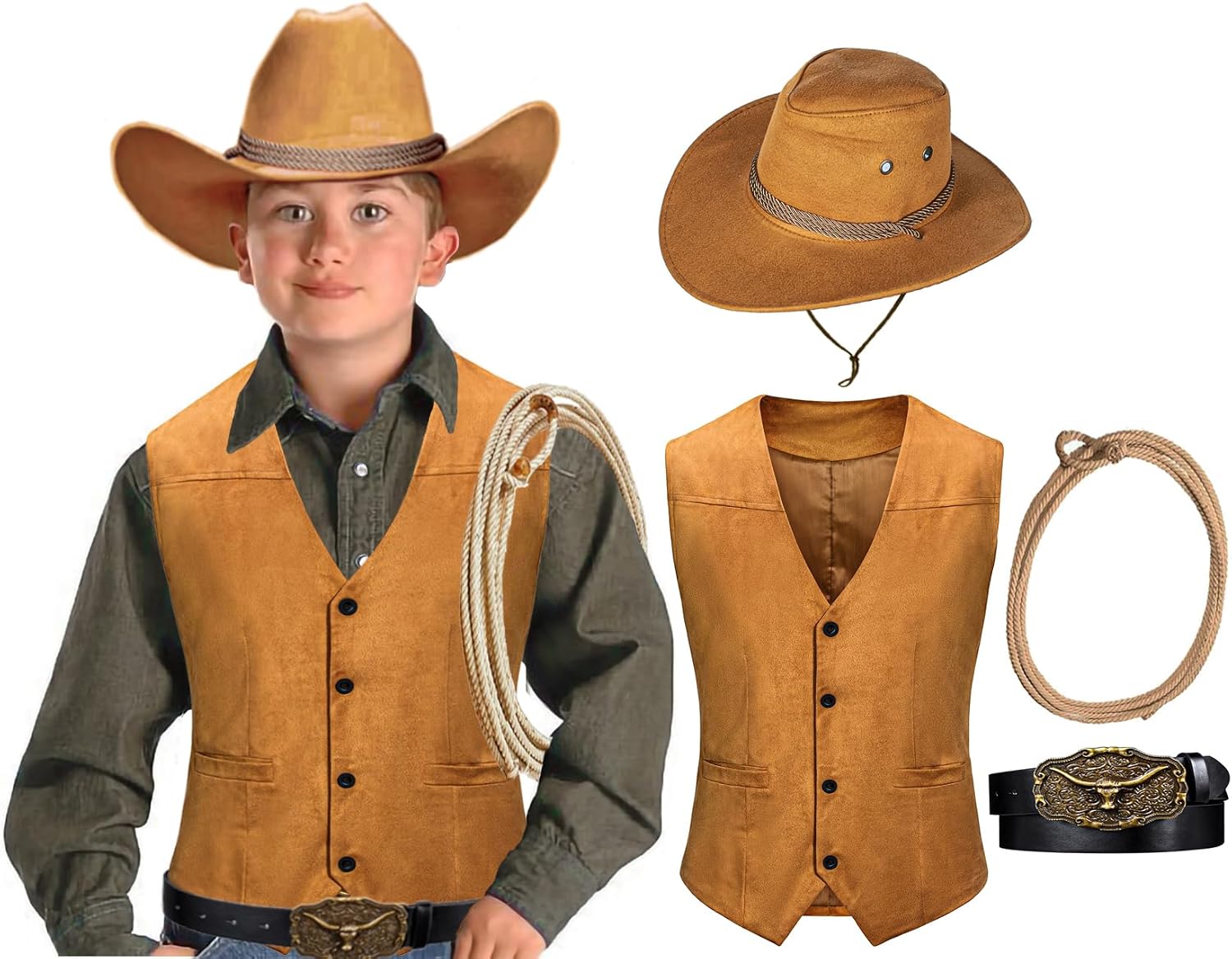 KAIPUTE Kids Western Cowboy Costume Boys Vest Hat Belt for Halloween Party Cosplay