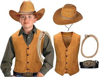 KAIPUTE Kids Western Cowboy Costume Boys Vest Hat Belt for Halloween Party Cosplay