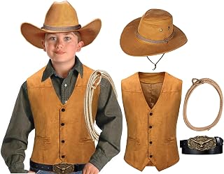 KAIPUTE Kids Western Cowboy Costume Boys Vest Hat Belt for Halloween Party Cosplay