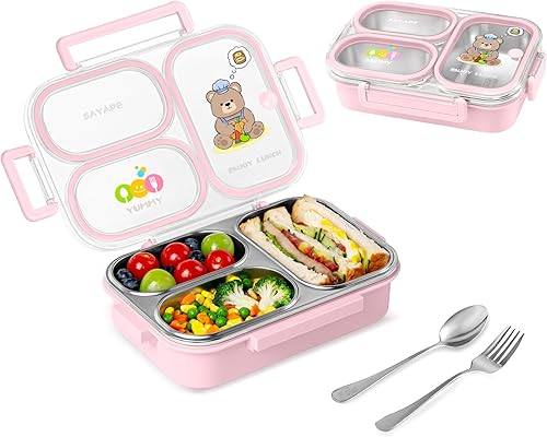 Lonchera Bento de acero inoxidable para niños, 26.4 onzas, a prueba de fugas, 3 compartimentos, caja Bento de metal, sin BPA, lindo recipiente de