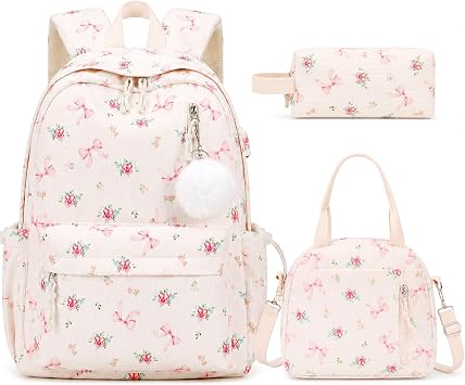 3PCS Corduroy Girls Backpack w/ Lunch Box & Pencil Bag Bow Tie Flower