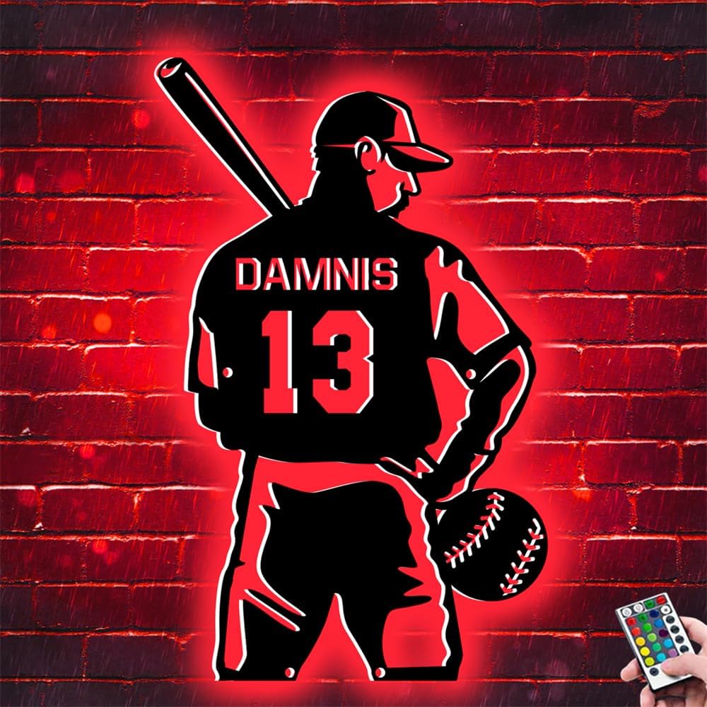 Personalized Baseball Player Metal Sign With LED Light,Custom Name & Number Baseball Light, Baseball Wall Art Décor,Baseball Sports Décor for Bedroom,Christmas Birthday Baseball Gift