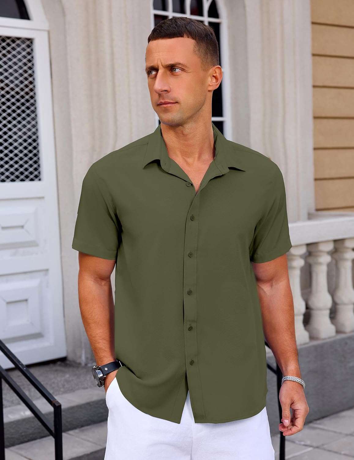 Mens Button Down Short Sleeve Shirt Casual Summer Wedding Untucked Dress Shirts - Image 3