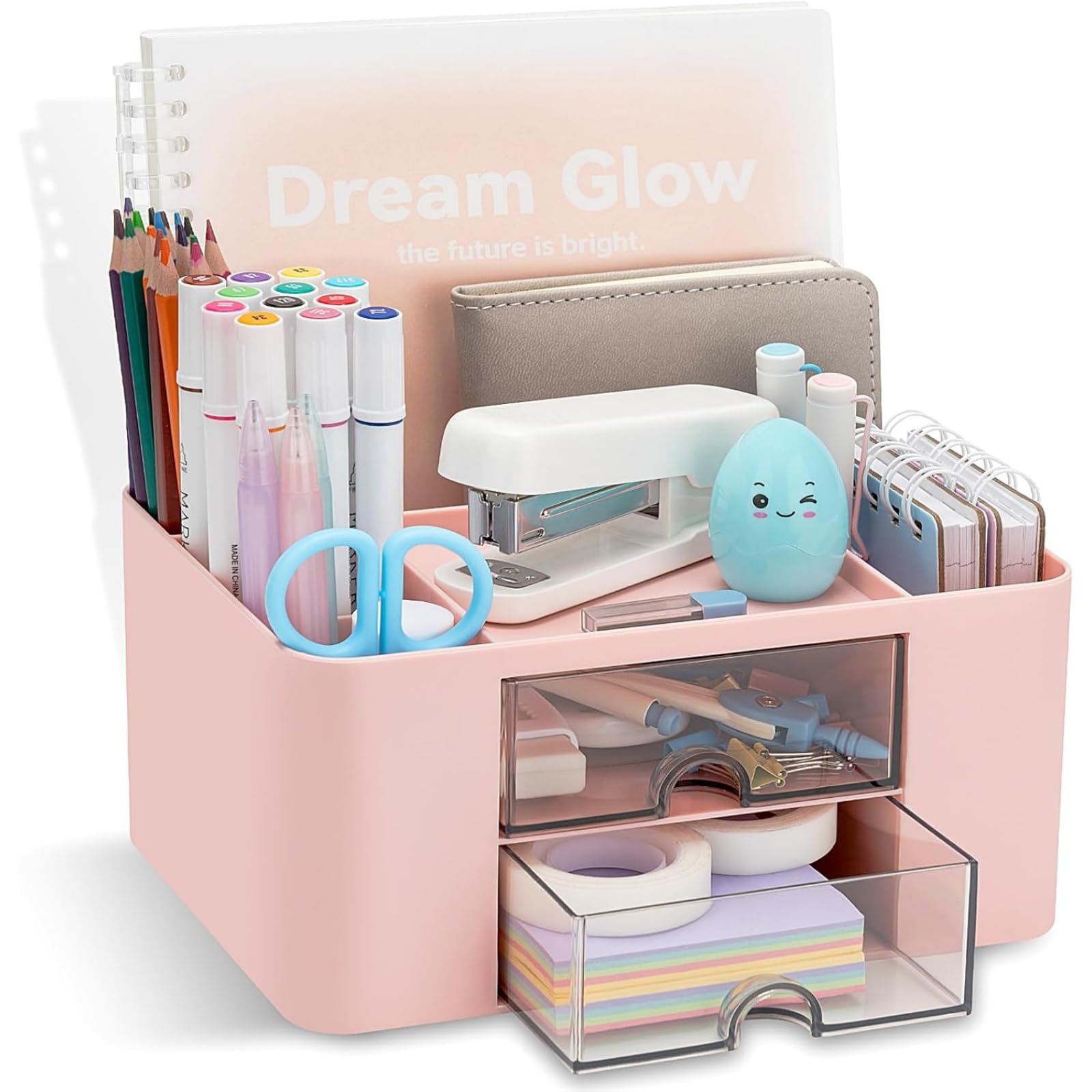 Desk Organiser with 2 Drawers,Desk Tidy Organiser with Pen Holder,Large Capacity Stationary Organiser,office Essentials for School/Office/Home/Makeup/Desk Supplies (cherry blossom pink)