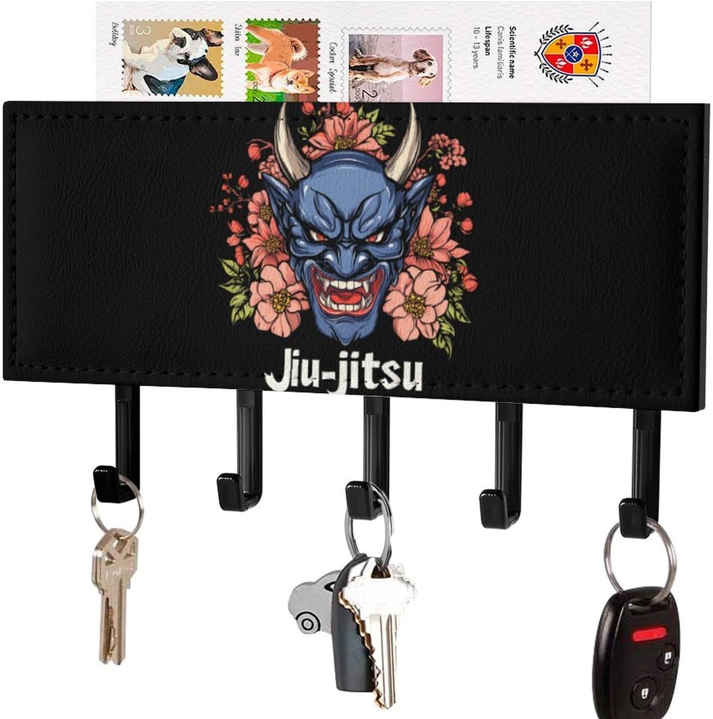 Japanese Demon Oni Mask Jiu-Jitsu Key Holder with Hooks Wall Storage Rack Keys Hanger Organizer Home Decor