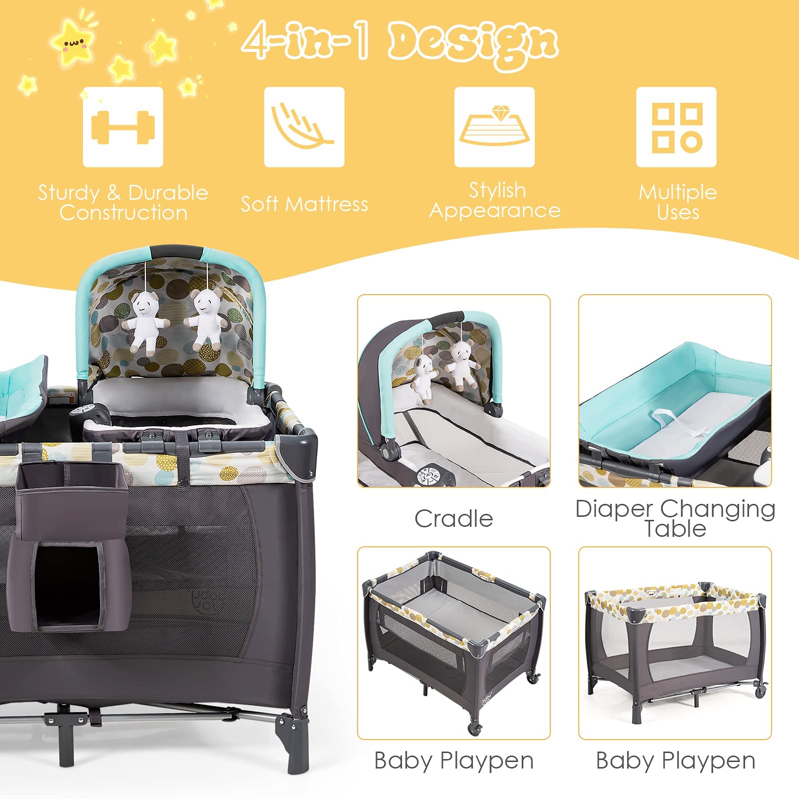 HONEY JOY 4-in-1 Pack and Play with Bassinet, Infant Nursery Center Pack and Play w/Newborn Cradle & Hanging Toys, Diaper Storage Bag, Music, Carry Bag, Portable Baby Playard w/Changing Station (Blue)