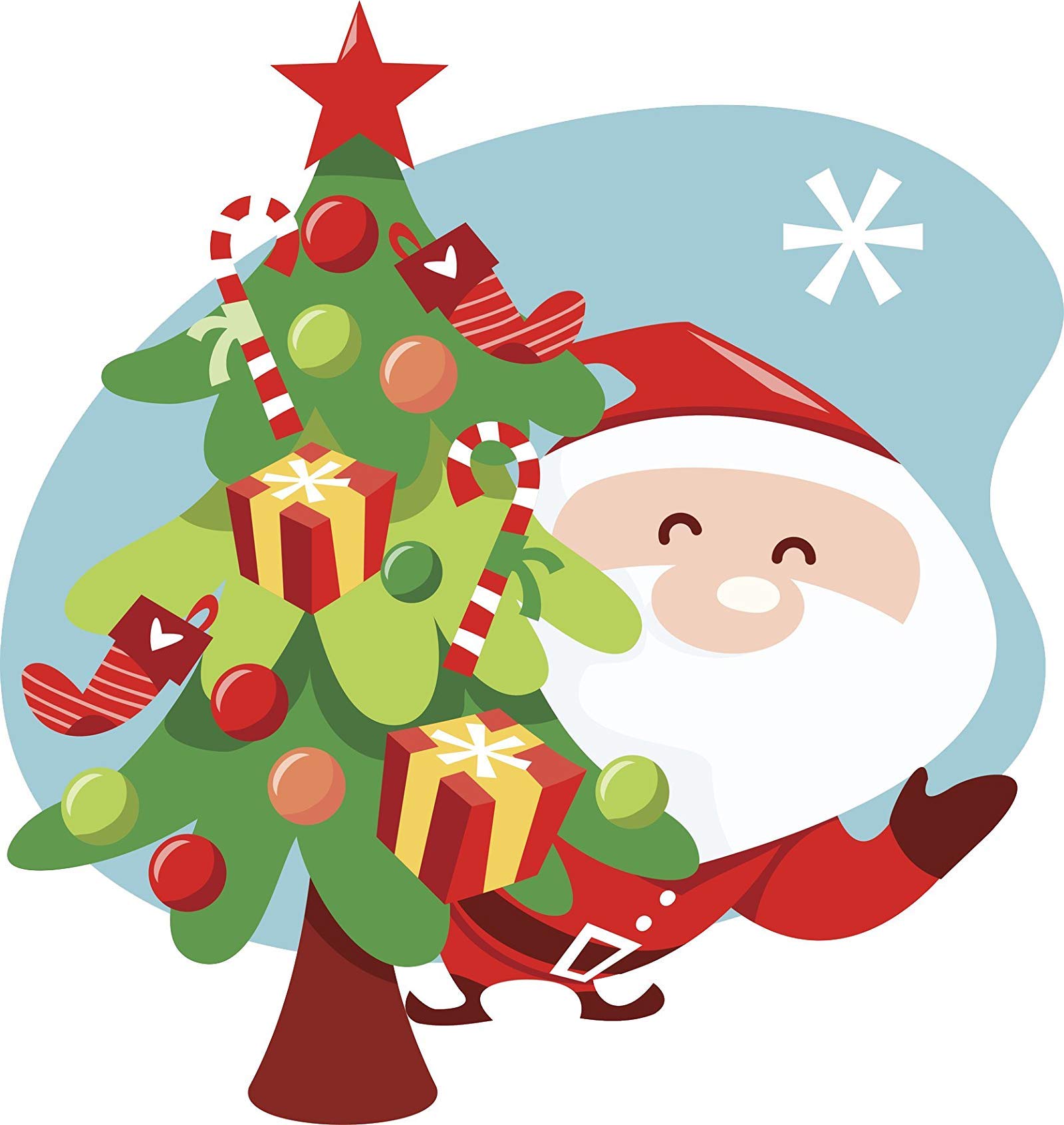 Cute Happy Santa with Christmas Tree Cartoon Icon Vinyl Decal Bumper Sticker (8" Tall)