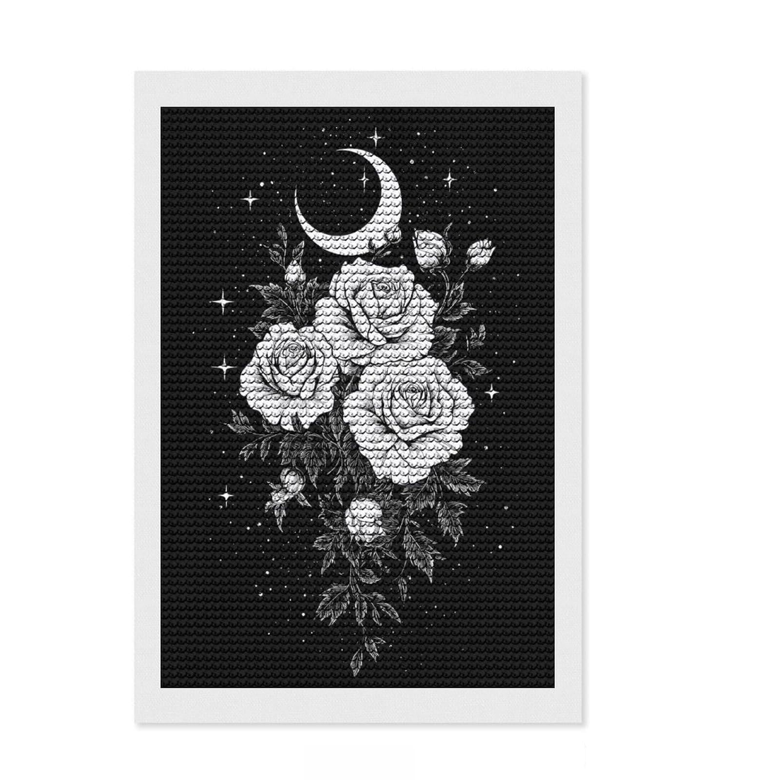 Junmoney Moonlit Roses Full Drill Diamond Painting Kit 8"x12", for Family Craft Time, Full Kit Included, Office Decor, Christmas Gift