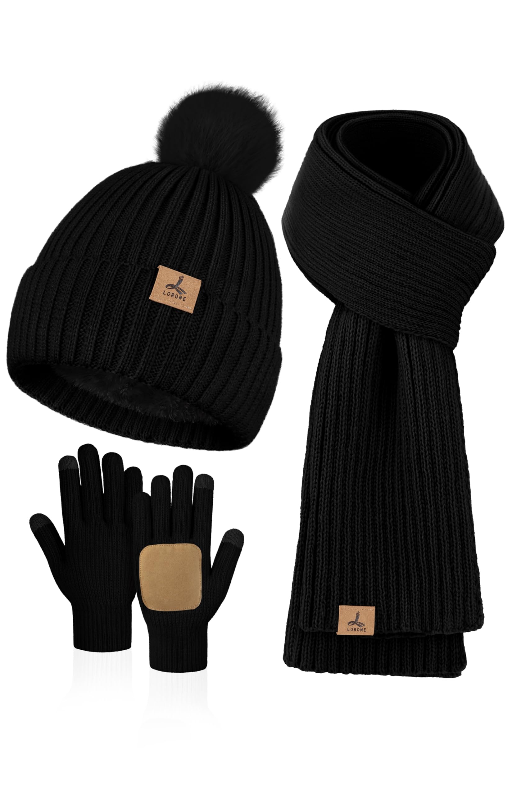 LOROME Women Winter Beanie Hat Scarf Gloves Set Fleece Knitted Pompom Hat Warm Neck Scarf Touchscreen Gloves Winter