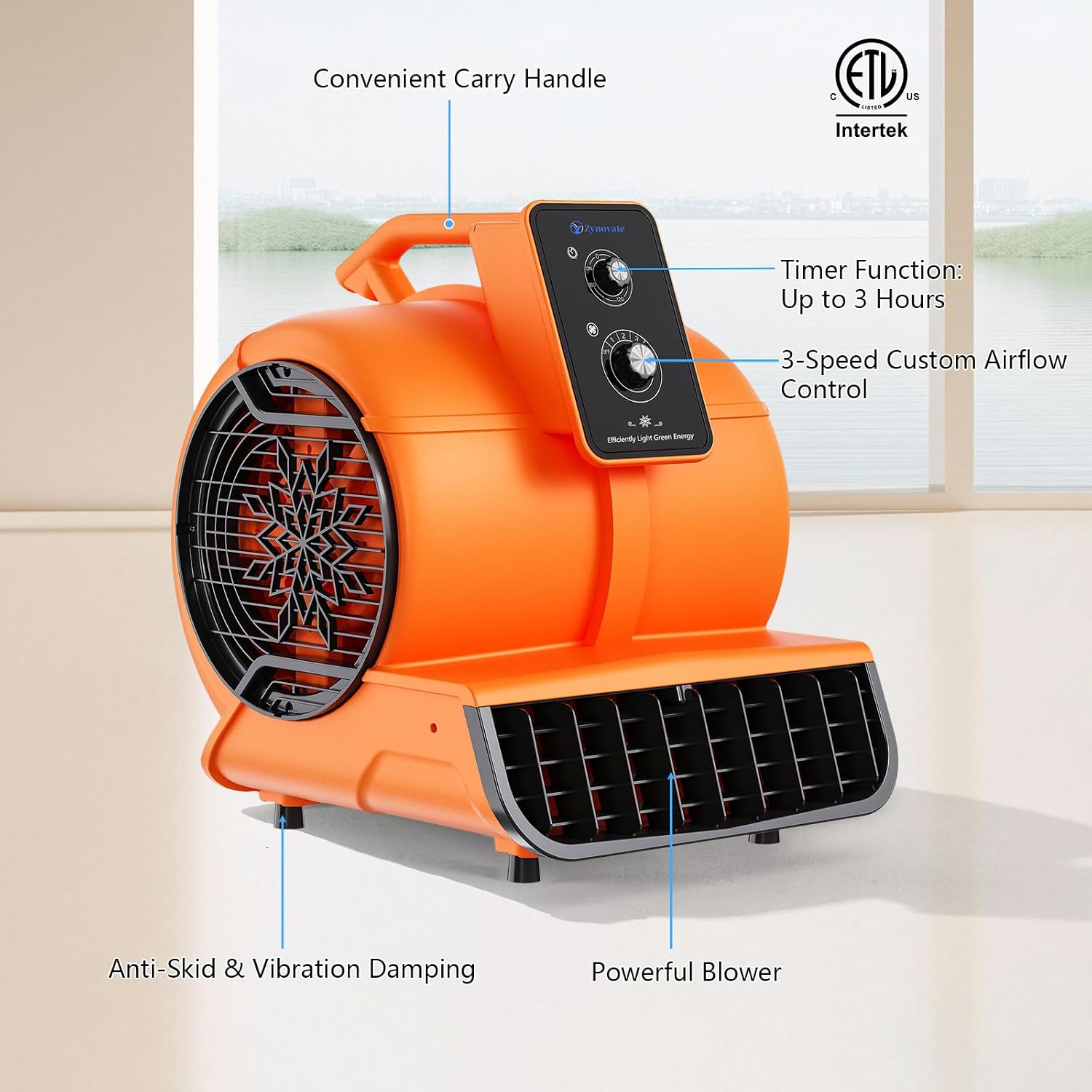Air Mover, 1/2 HP 2600 CFM Portable Blower Fan, Floor Fan, Carpet Dryer, Floor Dryer, 3-Speed, 4 Adjustable Angles, Timer, Stackable, Air Blower for Janitorial, Home, Plumbing, Commercial, ETL Listed