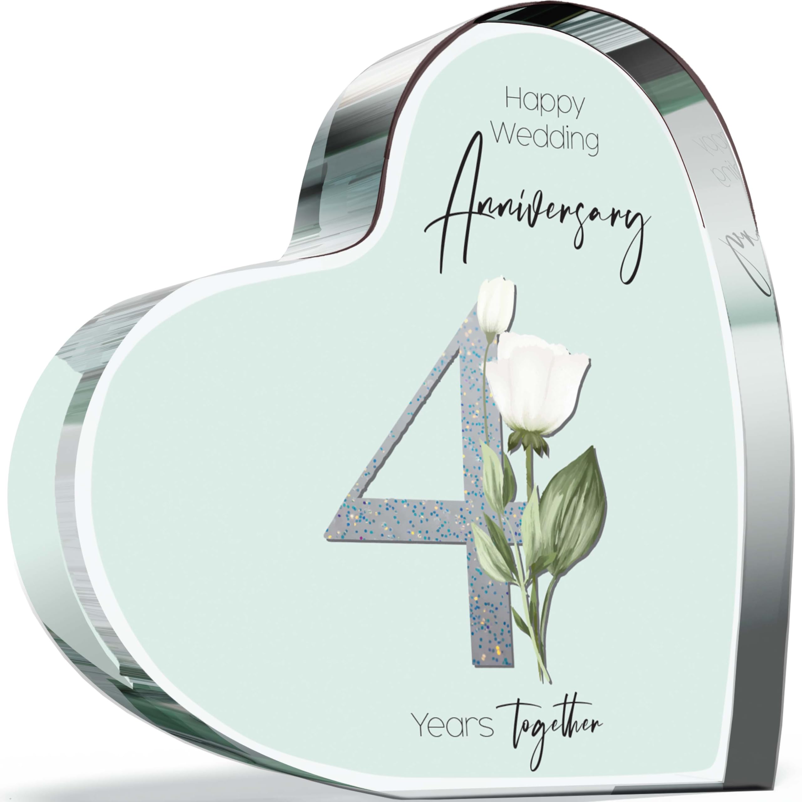 4th Anniversary Plaque Gifts for Wife Husband - 4 Years Together - I Love You Romantic Acrylic Heart Gift For Women Men, 100mm Floral Present For Couples Fourth Anniversaries