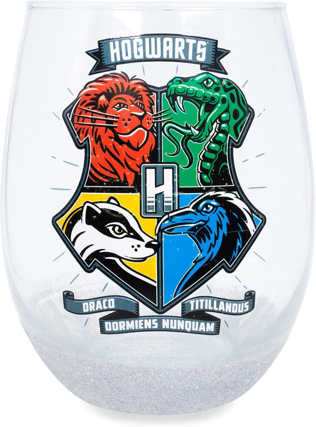 Harry Potter Hogwarts Animal Crests 20-Ounce Teardrop Stemless Wine Glass With Dipped Bottom | Tumbler Cup For Mimosas, Cocktails | Home Barware For Liquor, Kitchen Decor, Wizarding World Gifts