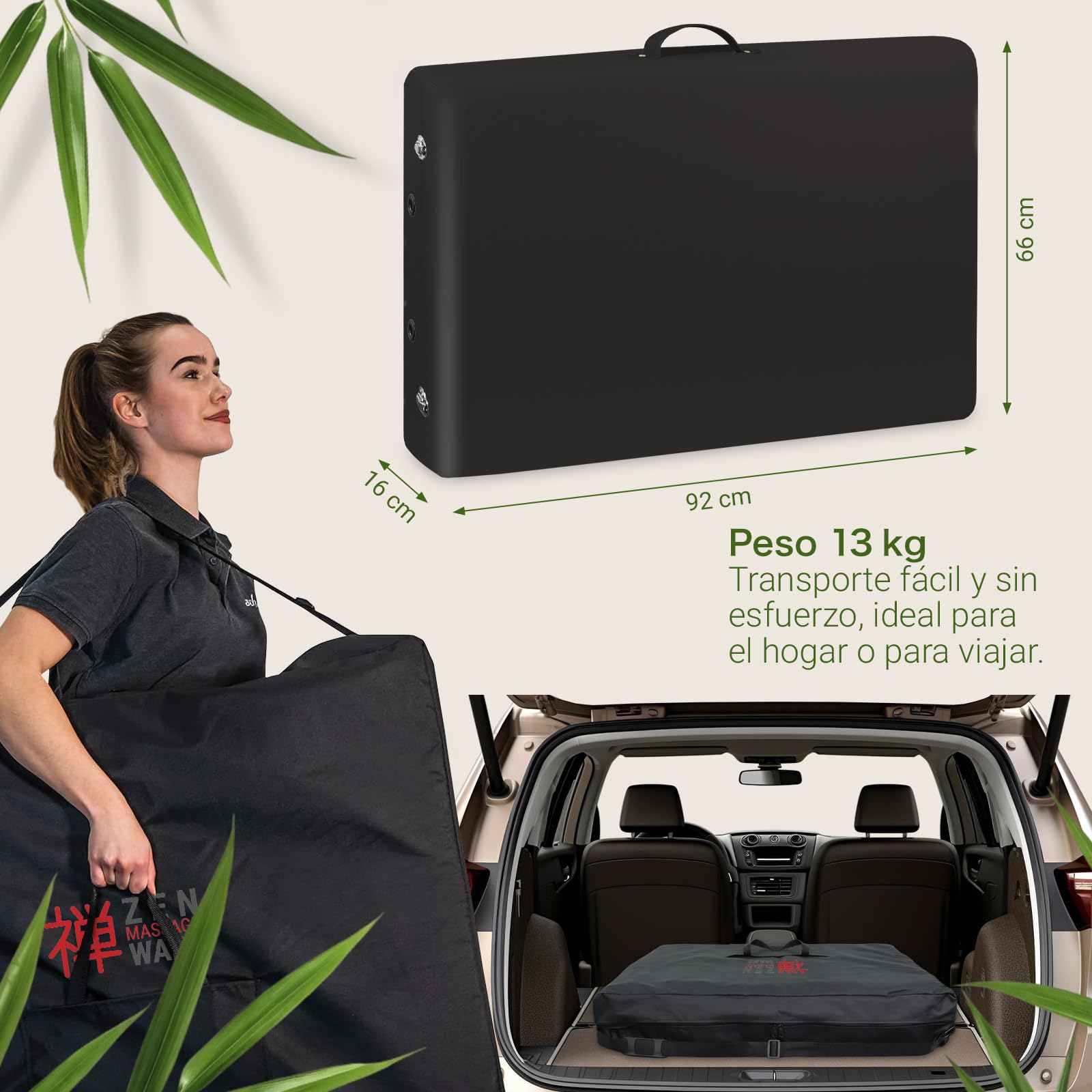 Zen – Camilla Masaje Plegable Mobile Startup de Altura Regulable - Camilla estetica sólida de Madera Maciza - Camilla Plegable con cabecera Regulable, reposabrazos y Bolsa de Transporte Negro