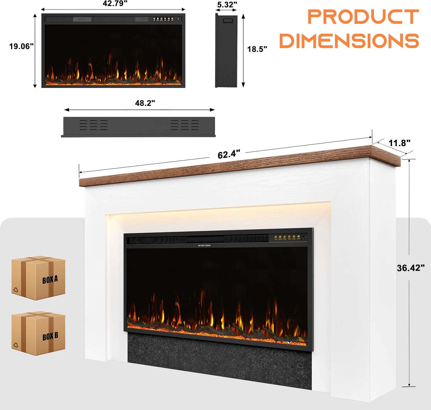 62" Electric Fireplace with Mantel, Fireplace TV Stand with 42" Insert for Livingroom/Bedroom, 12 Realistic 3D Flame Effects & 15 LED Colors, Remote Control, 750/1500W Heats, Timer, White