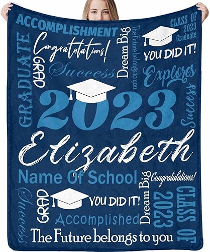 Decoraciones de graduación 2023, manta de regalo para ella, él, felicitaciones 2023, azul oscuro, manta de graduado con nombre personalizado,