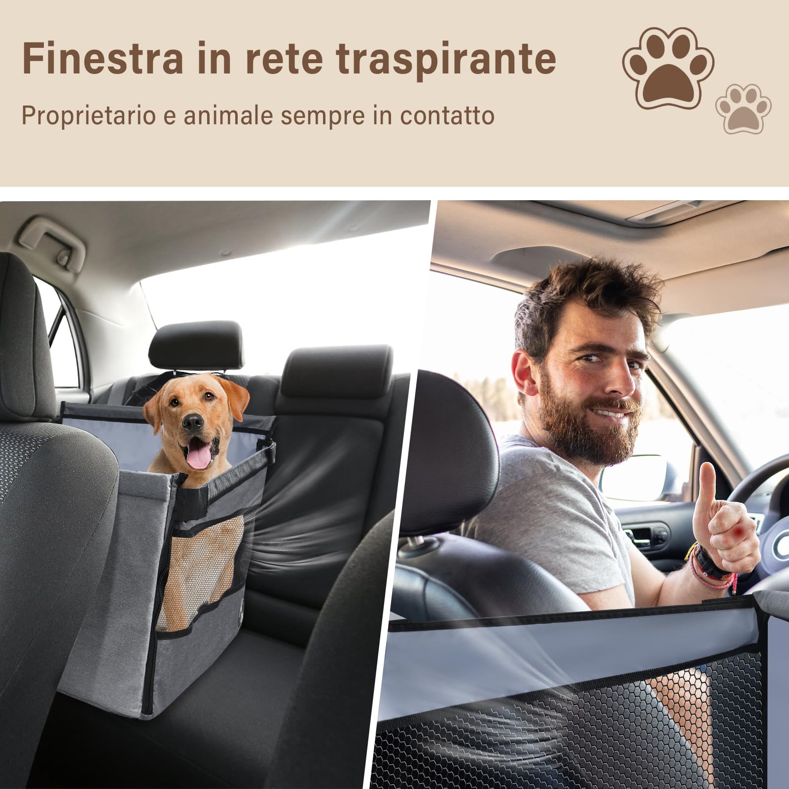 Seggiolino auto sicuro per, comodo cestino per auto per cani, protezione per auto per cani con finestra ventilata, cinghia regolabile, compatibile con tutti i veicoli (49x49x38 cm)