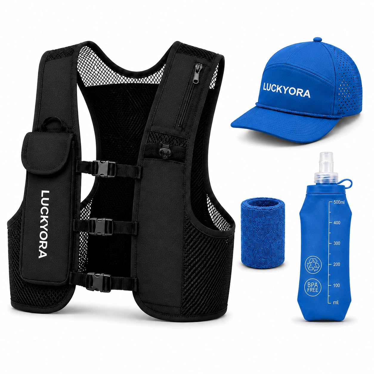 Gilet da corsa uomo e donna, zaino idratazione Trail Running con Soft Flask 500 ml, berretto e cinturino da polso, gilet leggero traspirante per corsa