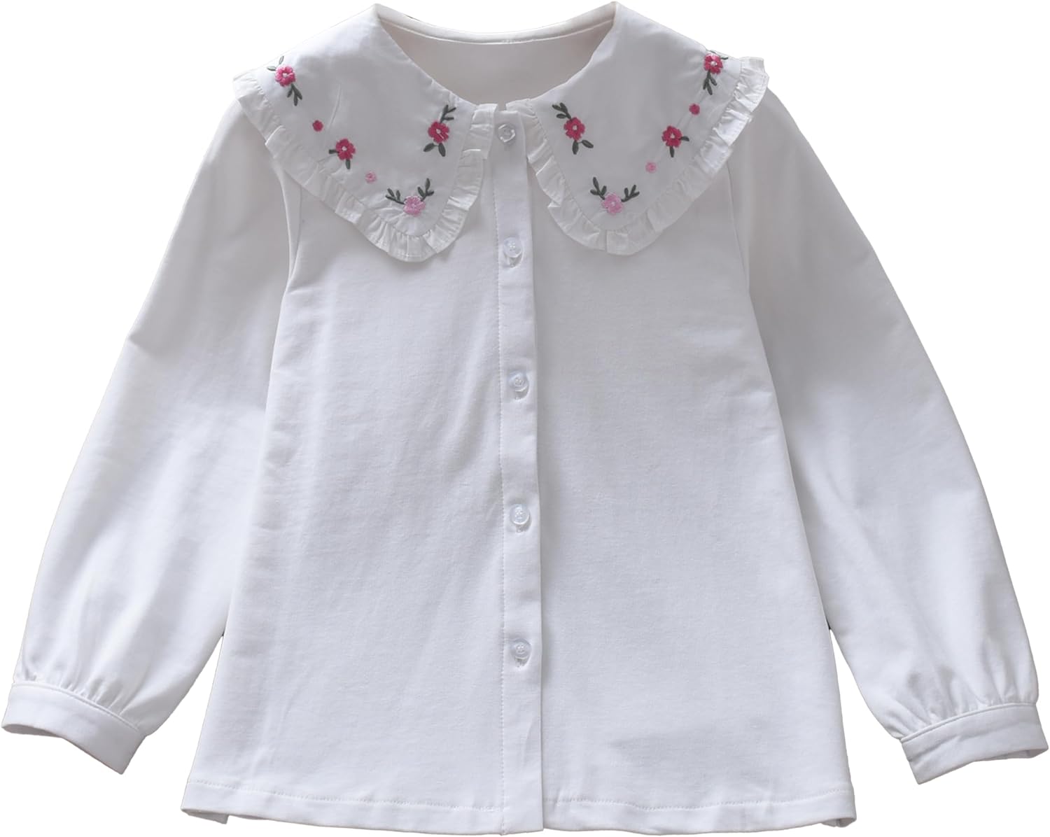Girls Peter Pan Collar Blouse, White Long Sleeve Button Down Shirt with Floral Embroidery, Ruffle Trim