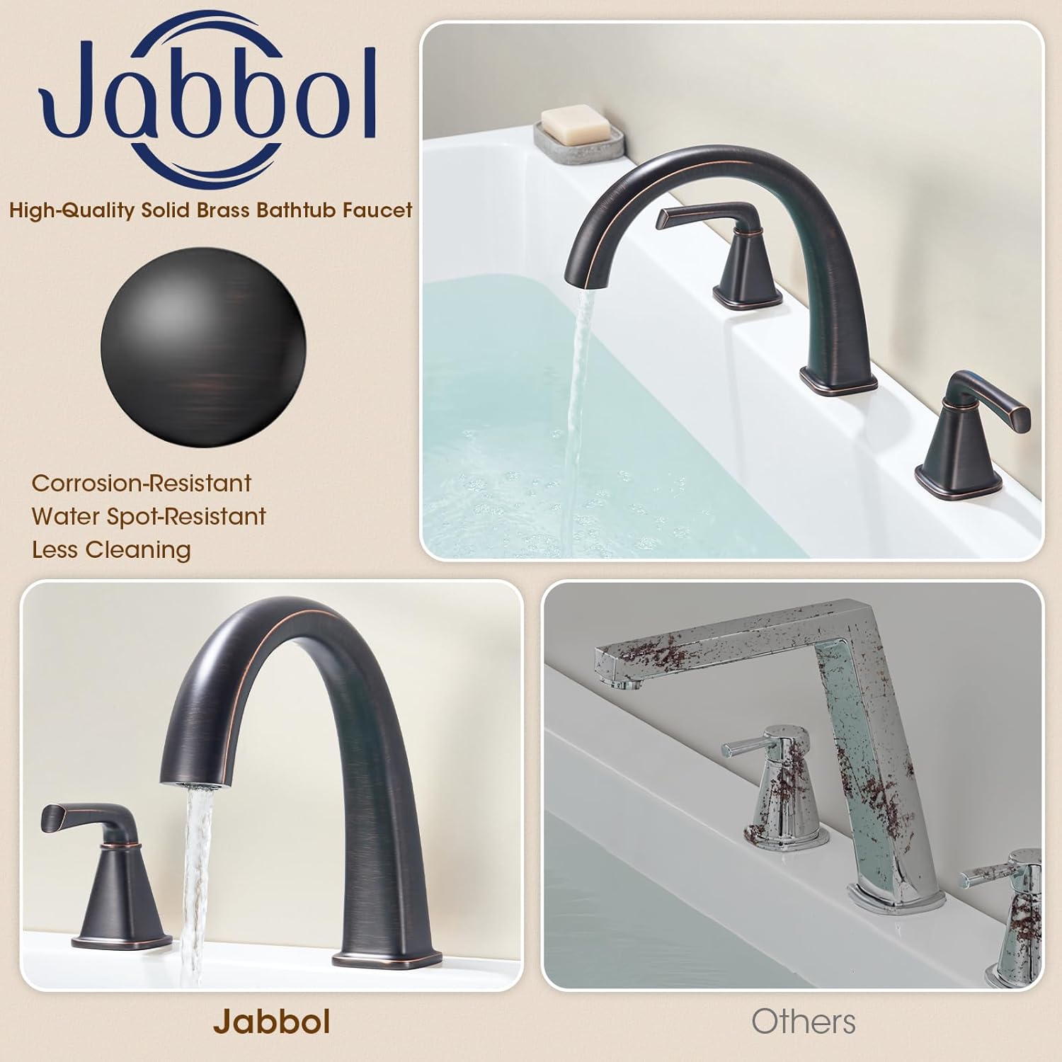 Oil-Rubbed Bronze Roman Tub Faucet, Solid Brass Bathtub Faucet Set with Valve, 2-Handle Widespread Deck Mount Bathtub Faucets 3 Hole, High Flow Bath Tub Faucet Set with Hot & Cold Supply Lines