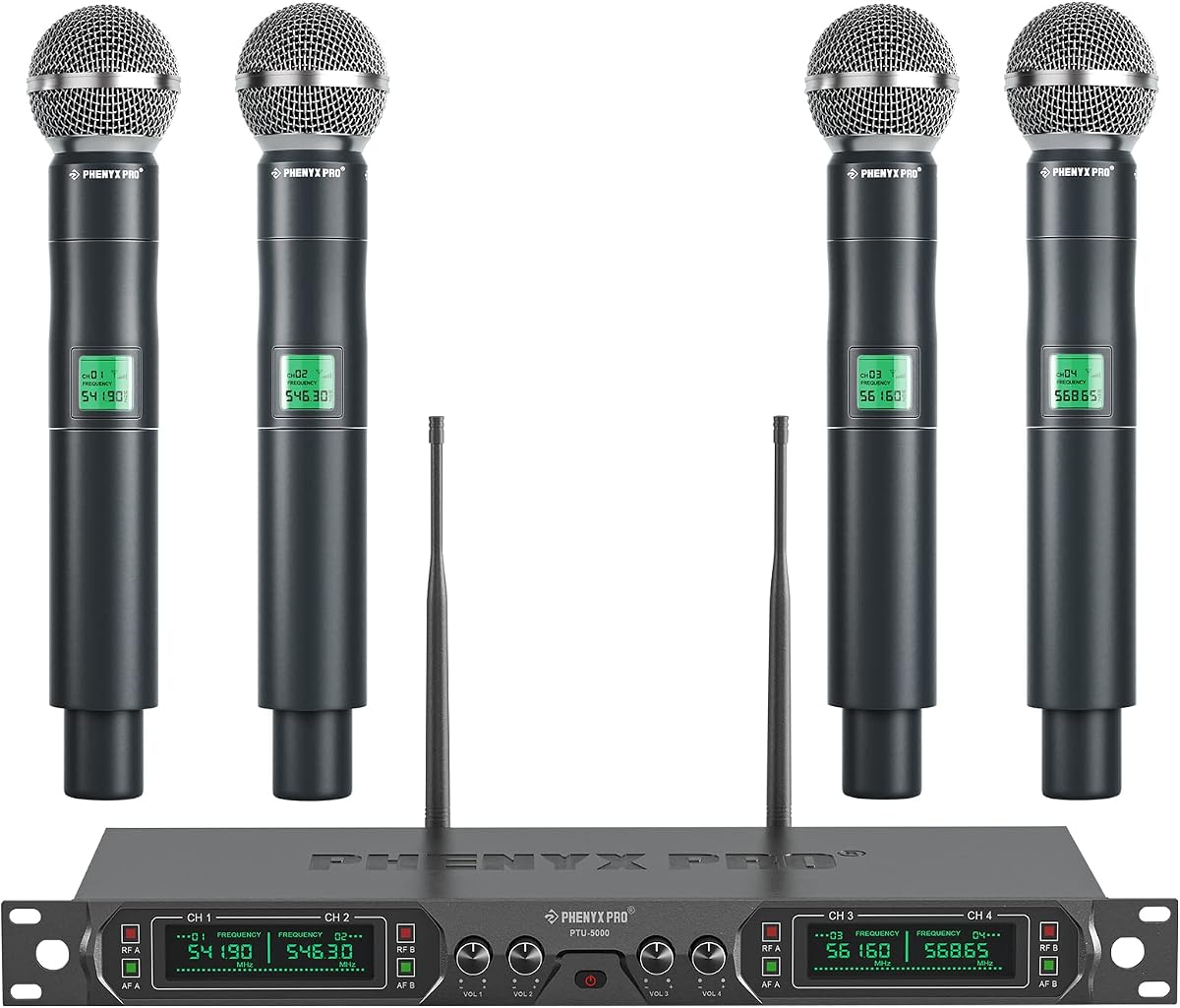 Phenyx Pro Sistema de micrófono inalámbrico de frecuencia fija UHF de 4 canales PTU-5000-4H | 4 micrófonos de mano dinámicos, estructura metálica, alcance de 260 pies, canto, servicios religiosos, voces grupales, escenarios pequeños