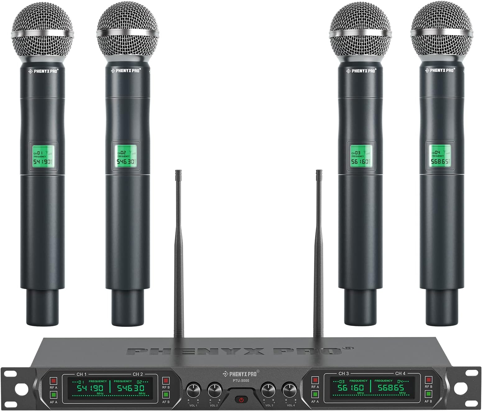 Phenyx Pro Wireless Microphone System 4-Channel UHF Cordless Mic Set With Four Handheld Mics All Metal Build Fixed Frequency Long Range 260ft Ideal for ChurchKaraokeWeddings Events (PTU-5000A)